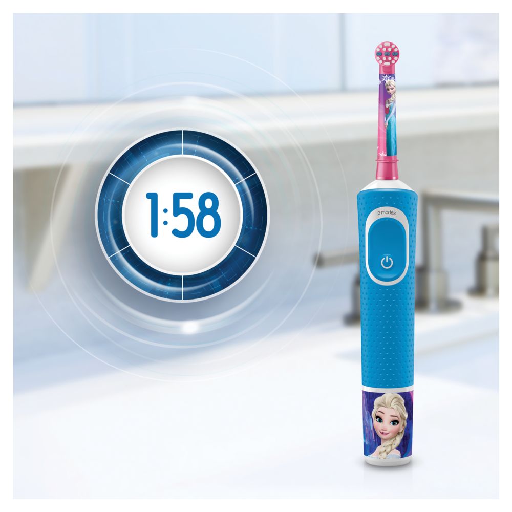 Elektrische Zahnbürste mit Frozen-Motiv neben einer Uhr, die 1:58 anzeigt. Hellblauer Griff, rosa Bürstenkopf.
