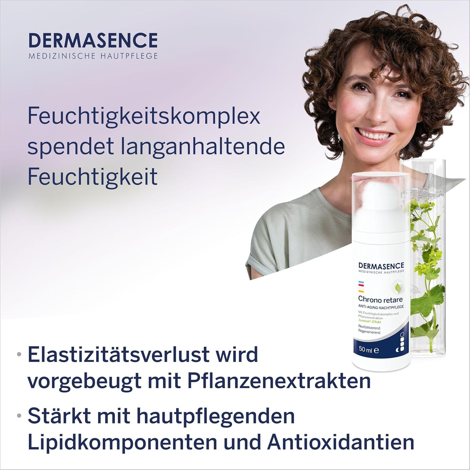 Frau mit Creme-Flasche und Pflanzen. Text: Feuchtigkeitskomplex spendet Feuchtigkeit. Elastizitätsverlust wird vorgebeugt.