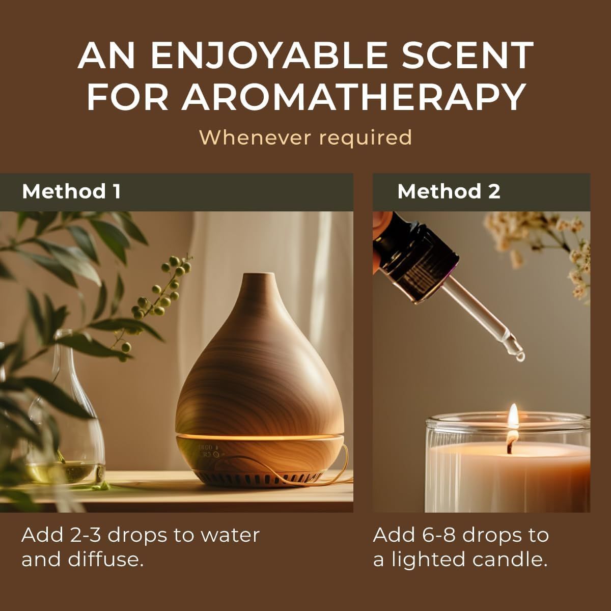 Aromatherapie-Szene. Holz-Diffusor, Tropfen fallen in Kerze. Text: An enjoyable scent for aromatherapy. Methoden 1 & 2.