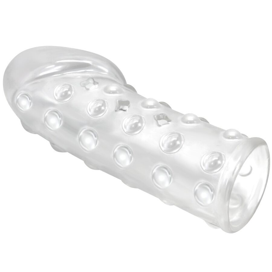 Transparente Penisverlängerung mit Noppen. Schräge Ansicht, zylindrische Form mit abgerundeter Spitze.