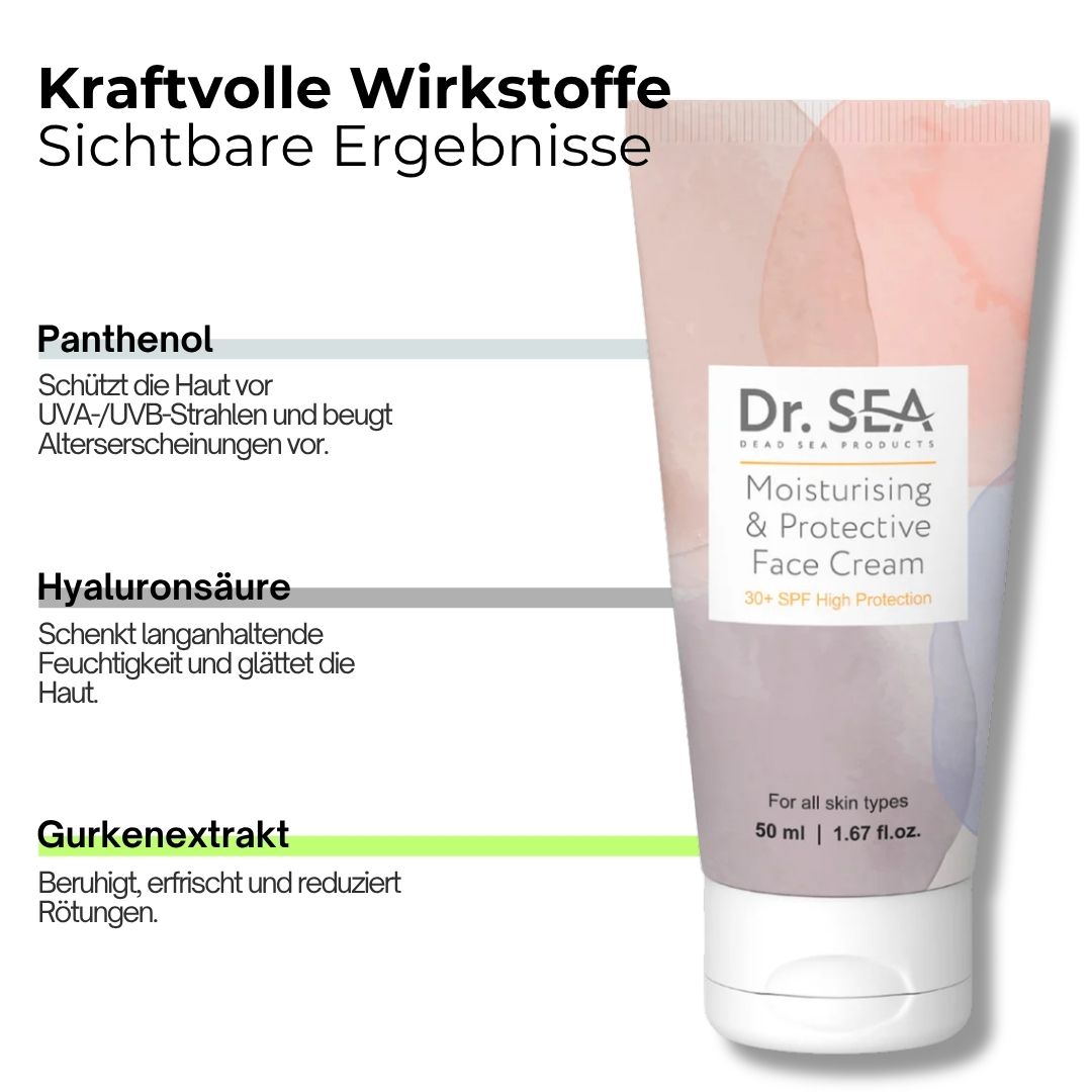 Creme-Tube mit Text. Aufschrift: Dr. SEA, Moisturising & Protective Face Cream SPF30+. Mit Text über Inhaltsstoffe.