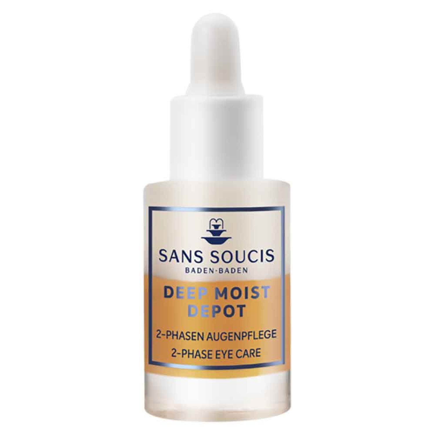 Augenpflegeflasche mit Pipette. Aufschrift: SANS SOUCIS, DEEP MOIST DEPOT, 2-Phasen Augenpflege.