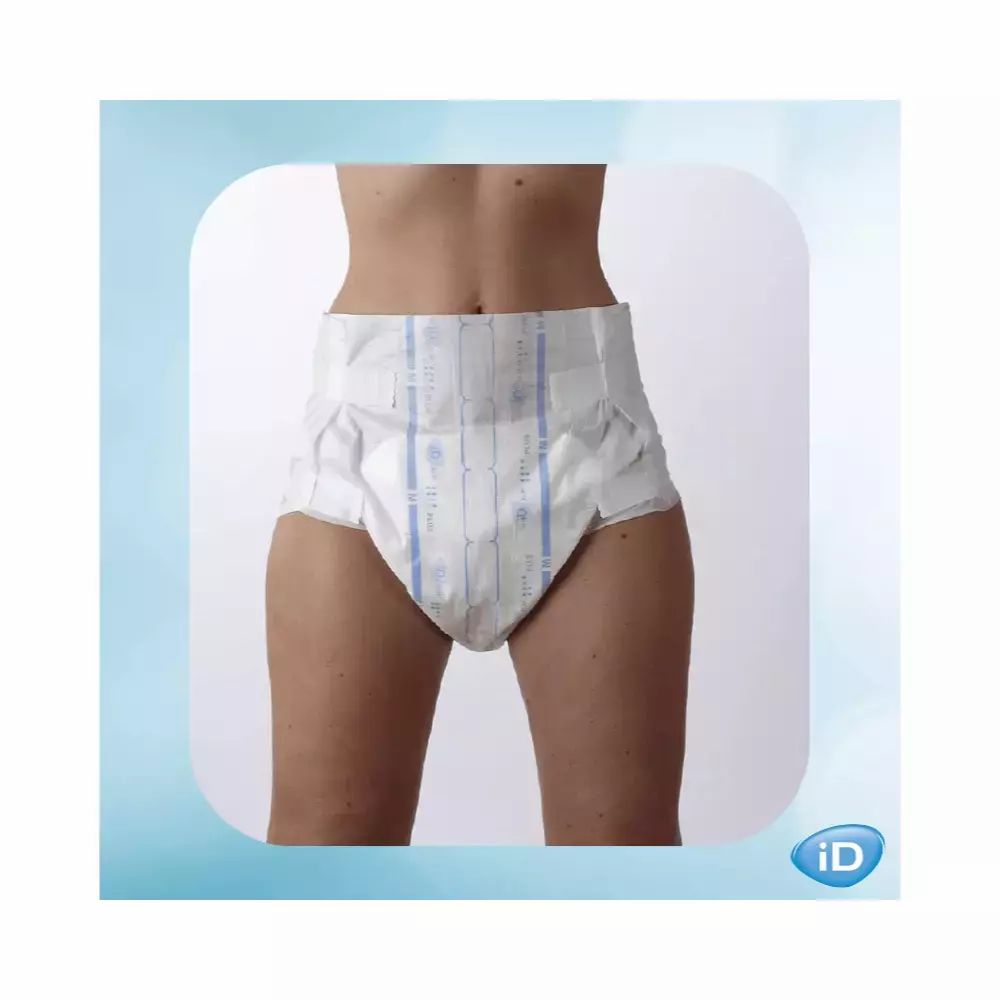 iD Slip Plus, von vorne. Weiß mit blauen Streifen. Unisex. Für Erwachsene. Mit Hüftumfang-Angabe.