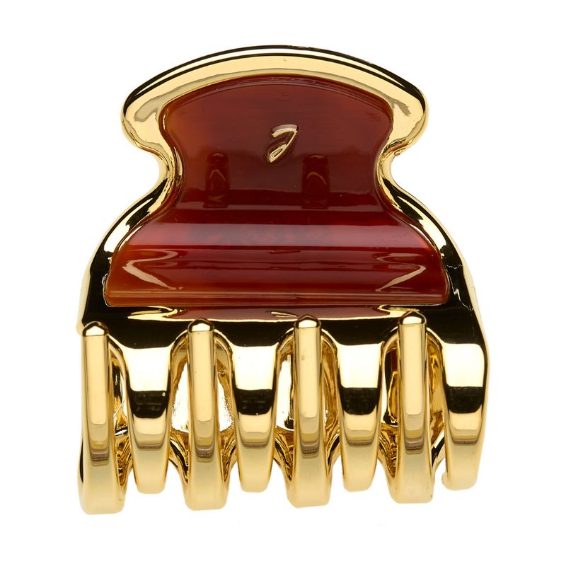 Haarspange mit goldfarbenem Rahmen und braunem Einsatz. Die Spange hat eine Krallenform.