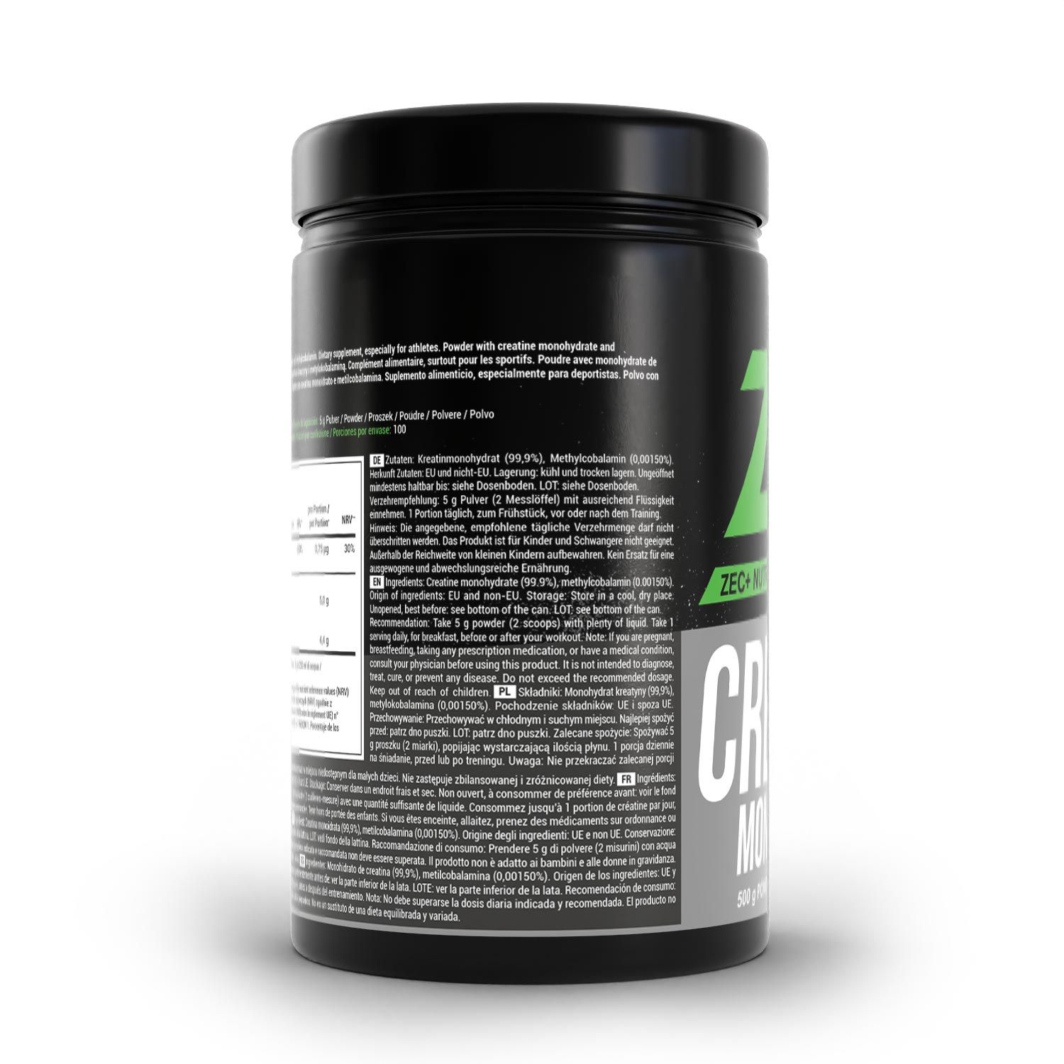 Schwarze Dose mit grünem Logo und Schriftzug "ZEC+ CREATINE MONOHYDRATE". Text in mehreren Sprachen, darunter Deutsch.