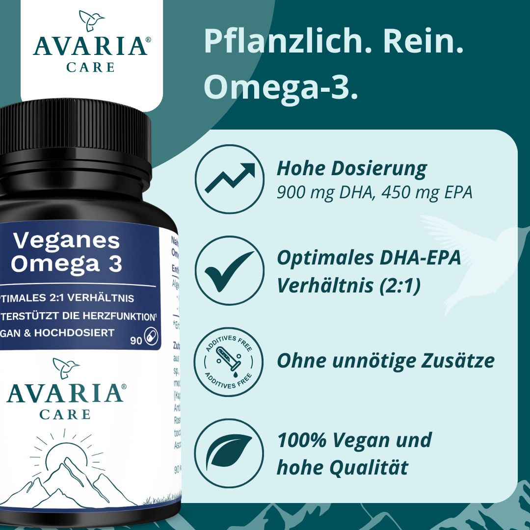 AVARIA CARE® Veganes Omega 3 – hochdosiert – 450mg EPA & 900mg DHA – life's® OMEGA