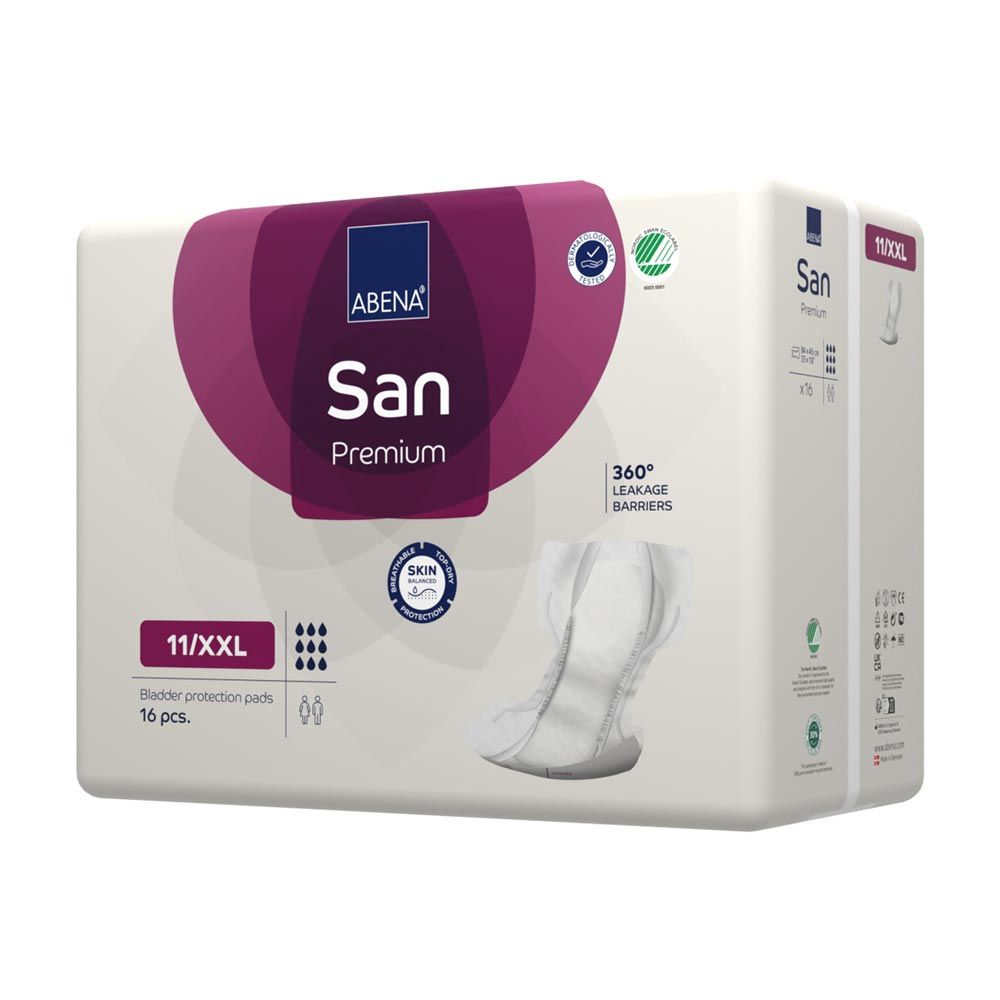 ABENA San Premium Vorlagen. Weiße Inkontinenzvorlagen und Verpackung. Auf der Verpackung sind Produktinformationen und Logos abgebildet.