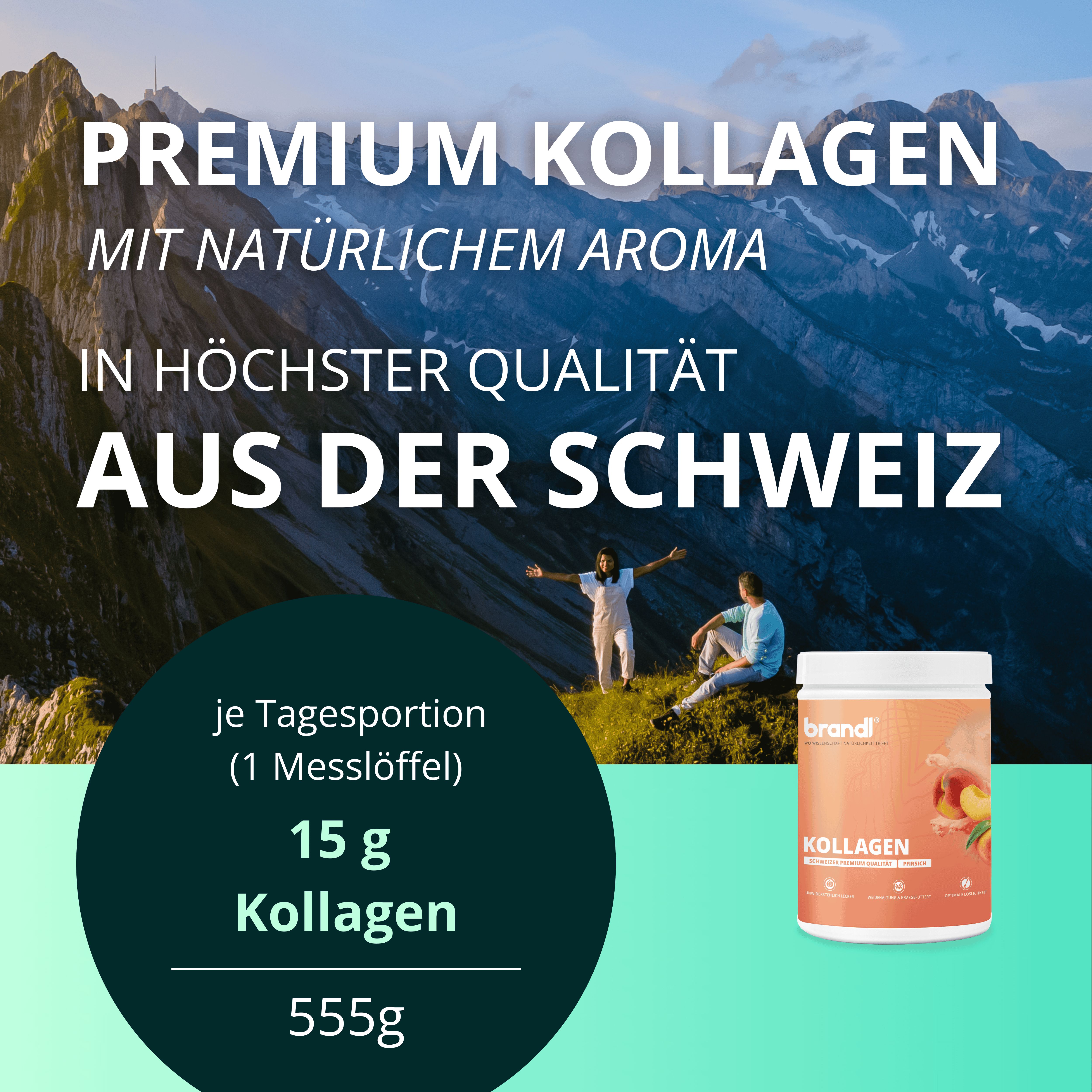 Weißes Produkt-Dose mit Pfirsich-Abbildung. Text: Premium Kollagen, aus der Schweiz. 15 g Kollagen pro Portion.