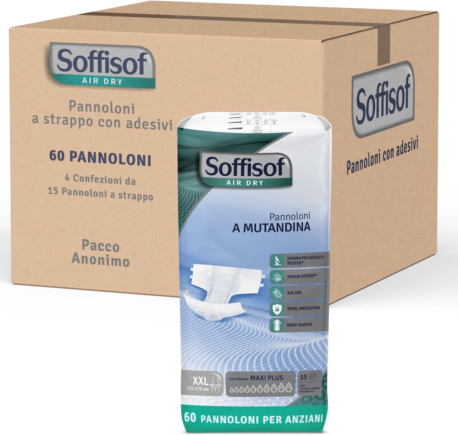 Verpackung mit Soffisof Air Dry Windeln für Erwachsene Maxi Plus. Karton mit Packungen.