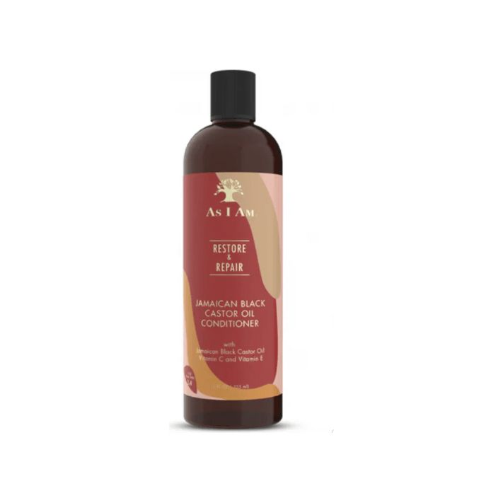 Flasche mit Conditioner. Aufschrift: As I Am, Restore & Repair, Jamaican Black Castor Oil Conditioner.