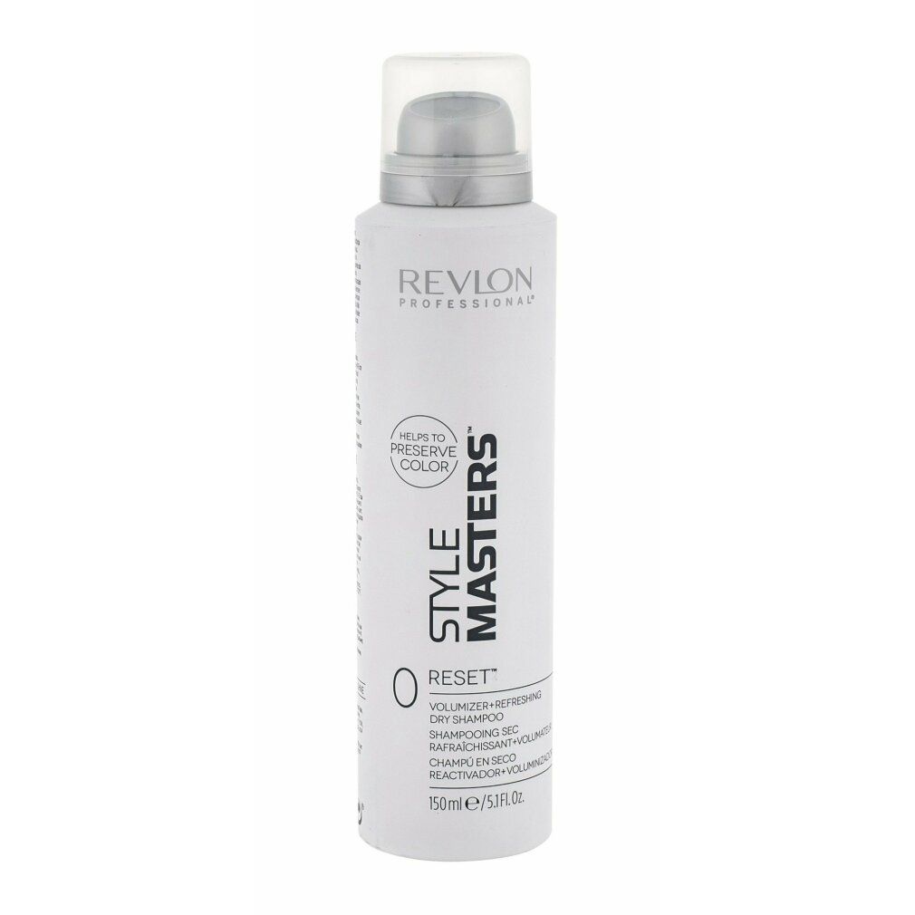 Weißes Shampoo-Spray mit silbernem Sprühkopf. Aufschrift: Revlon Style Masters Reset. Volumen-Shampoo.