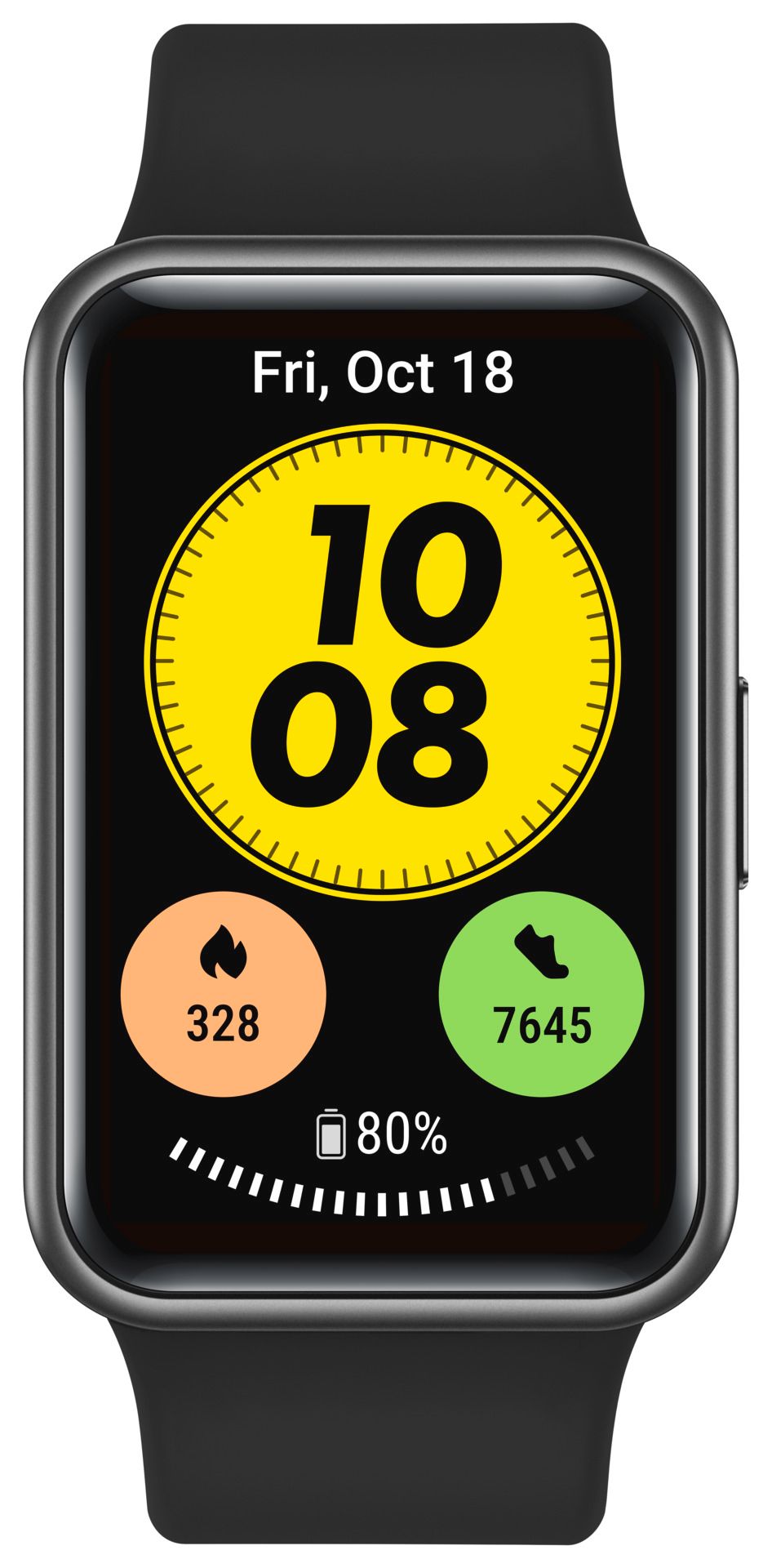 Schwarze Smartwatch mit rechteckigem Display. Zeigt Uhrzeit, Datum, verbrannte Kalorien, Schritte und Akkustand an.