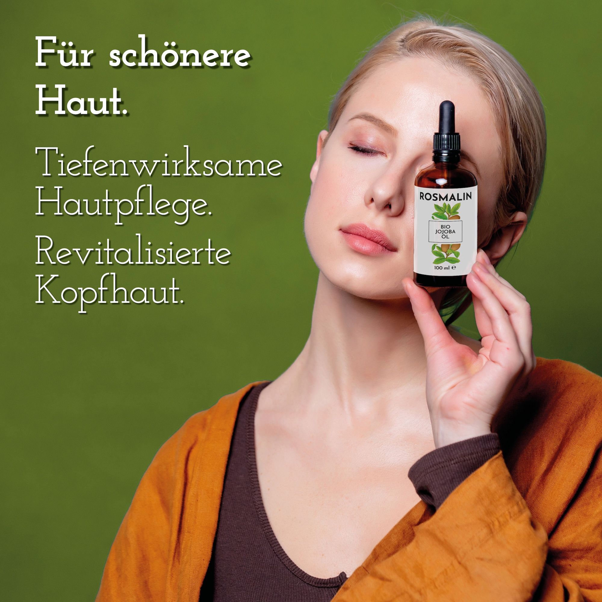 Frau hält Rosmalin Jojobaöl. Braune Glasflasche mit Pipette. Aufschrift: Rosmalin, Bio Jojoba Öl. Frau mit geschlossenen Augen.