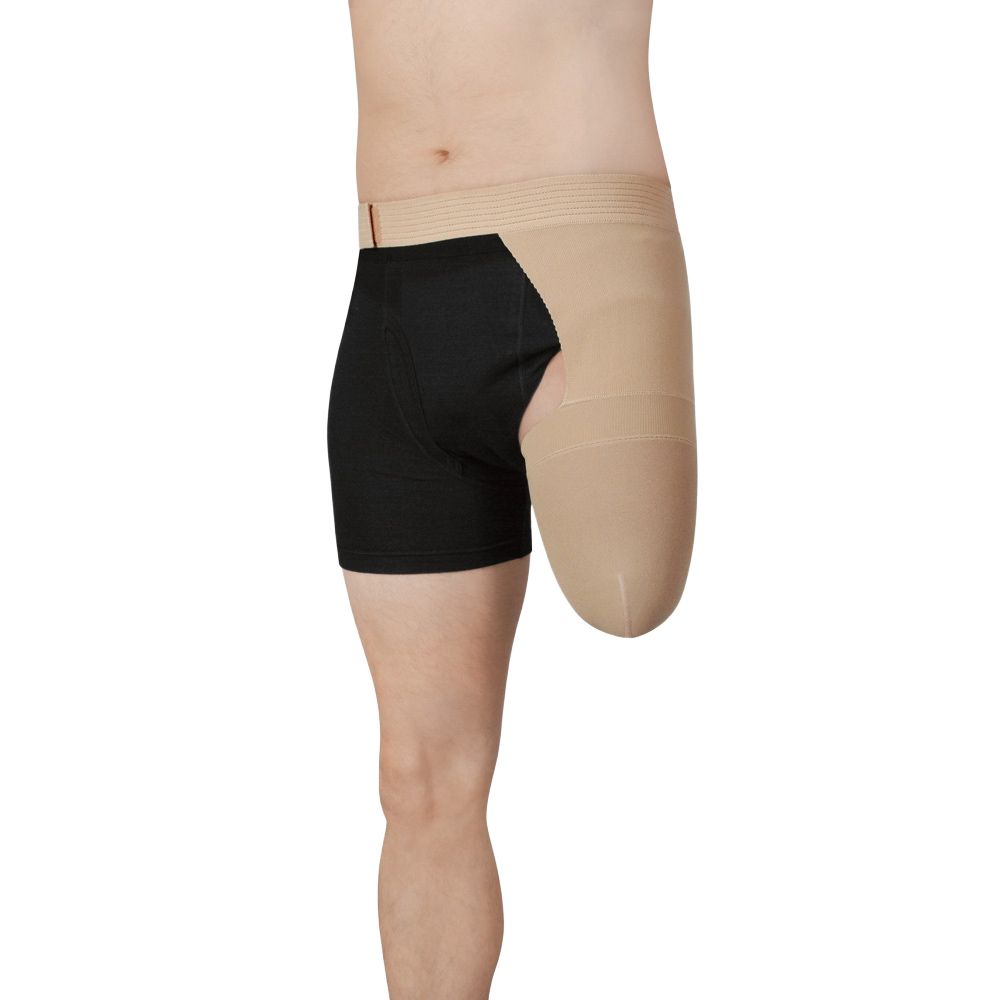 Beige Kompressionsstrumpf mit schwarzer Unterhose für Hüftamputation. Bietet Unterstützung und Form.