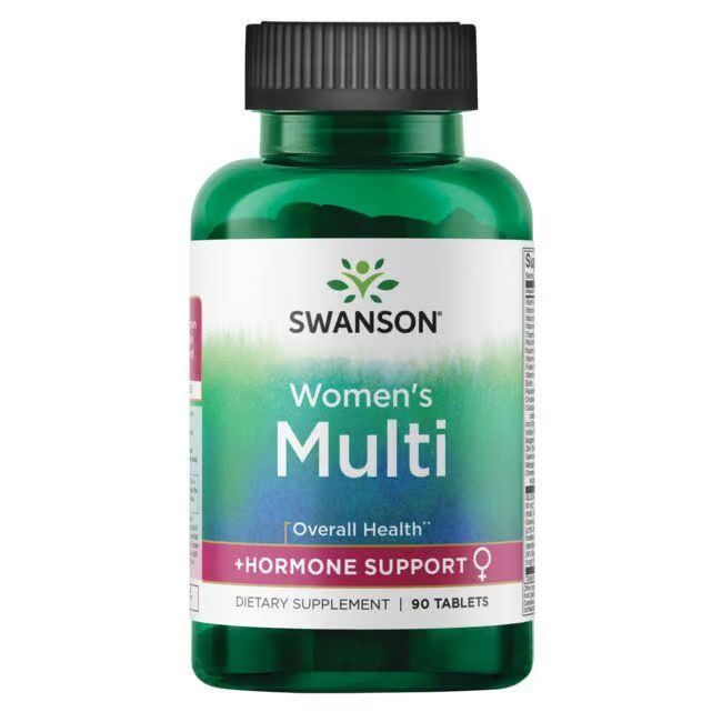 Grüne Flasche mit schwarzem Deckel. Aufschrift: SWANSON Women's Multi + Hormon Unterstützung. 90 Tabletten.