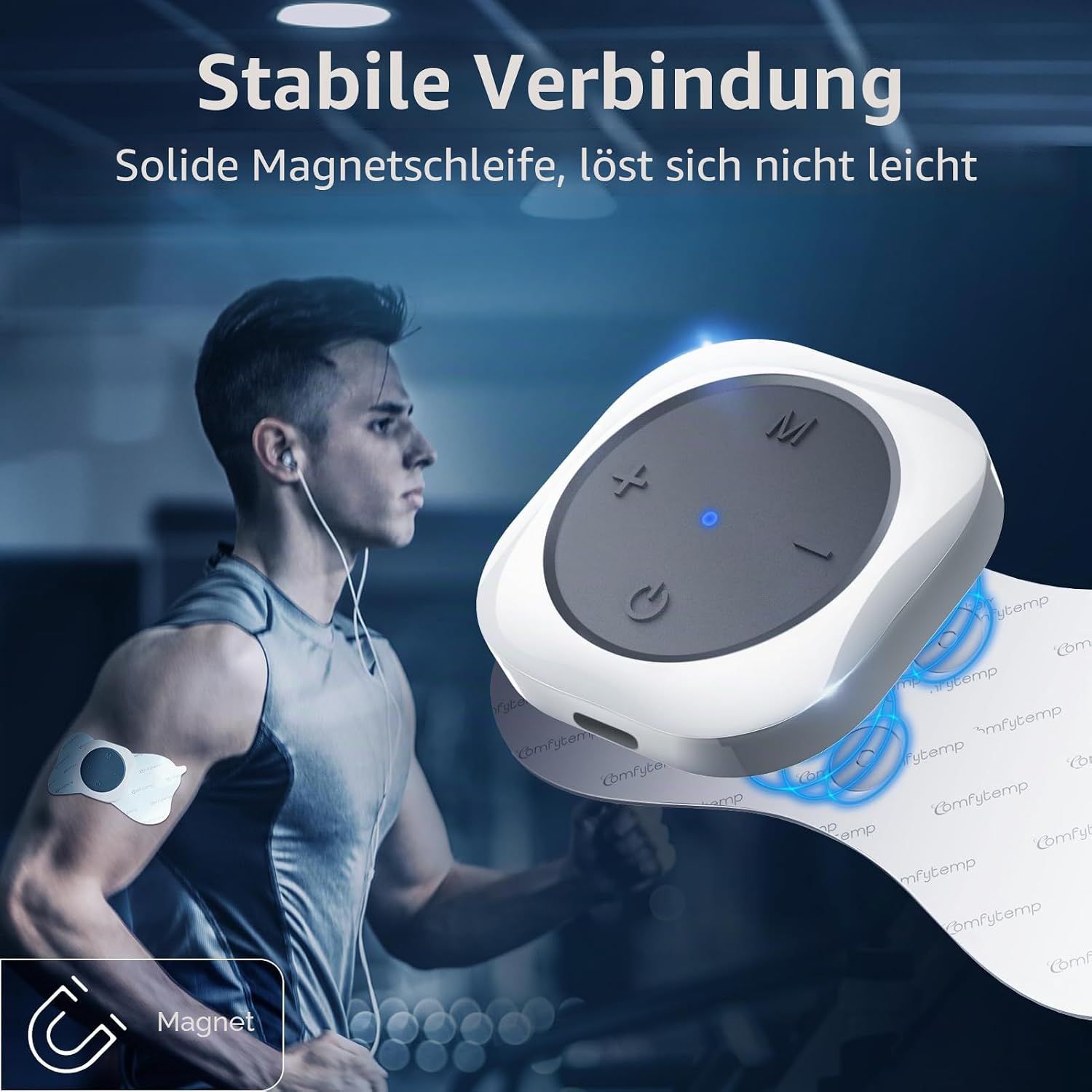 Zwei TENS-Module mit Klebeelektroden und Smartphone-App-Steuerung.