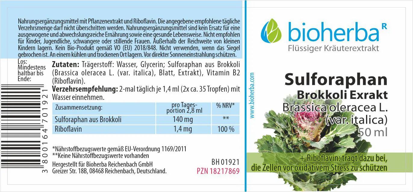 Etikett mit Produktname, Logo und Inhaltsangaben. Enthält Informationen zu Inhaltsstoffen und Dosierung. Weißer Hintergrund.