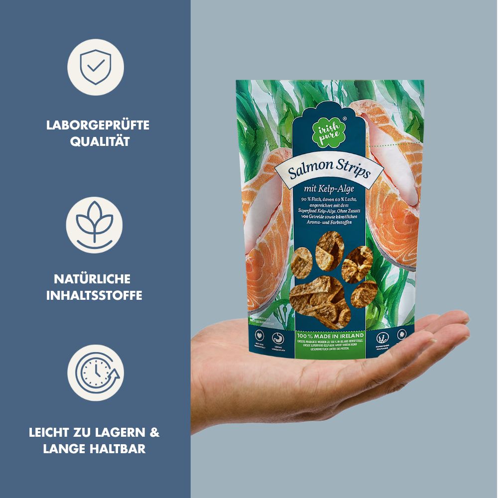 Hundefutter-Leckerli "Salmon Strips mit Kelp-Alge" von Irish Pure, 90% Fisch, getreidefrei.