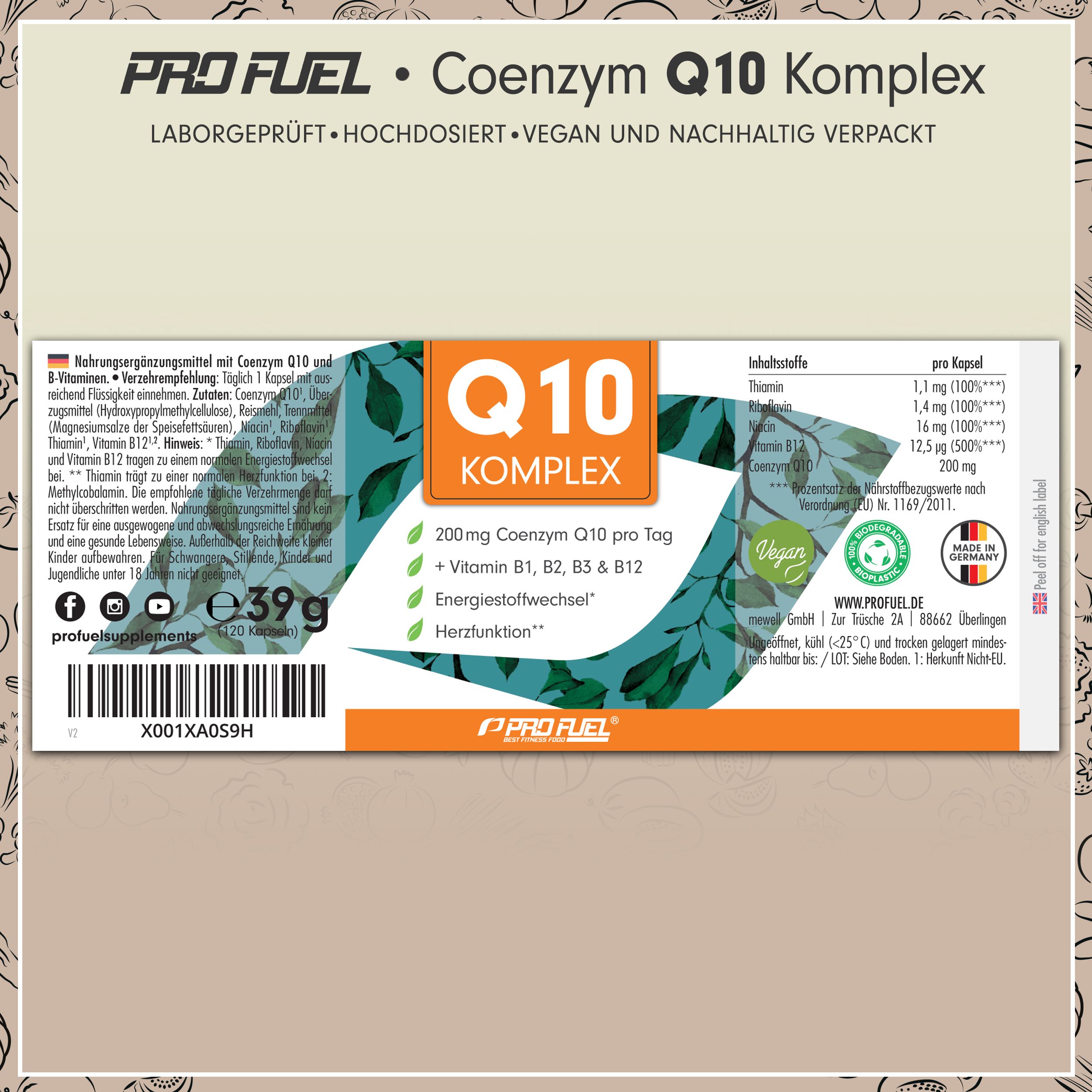 Etikett einer weißen Flasche. Text: Q10 KOMPLEX, 200mg Coenzym Q10, Vitamin B12. Inhaltsstoffangaben. Logo: Profuel.