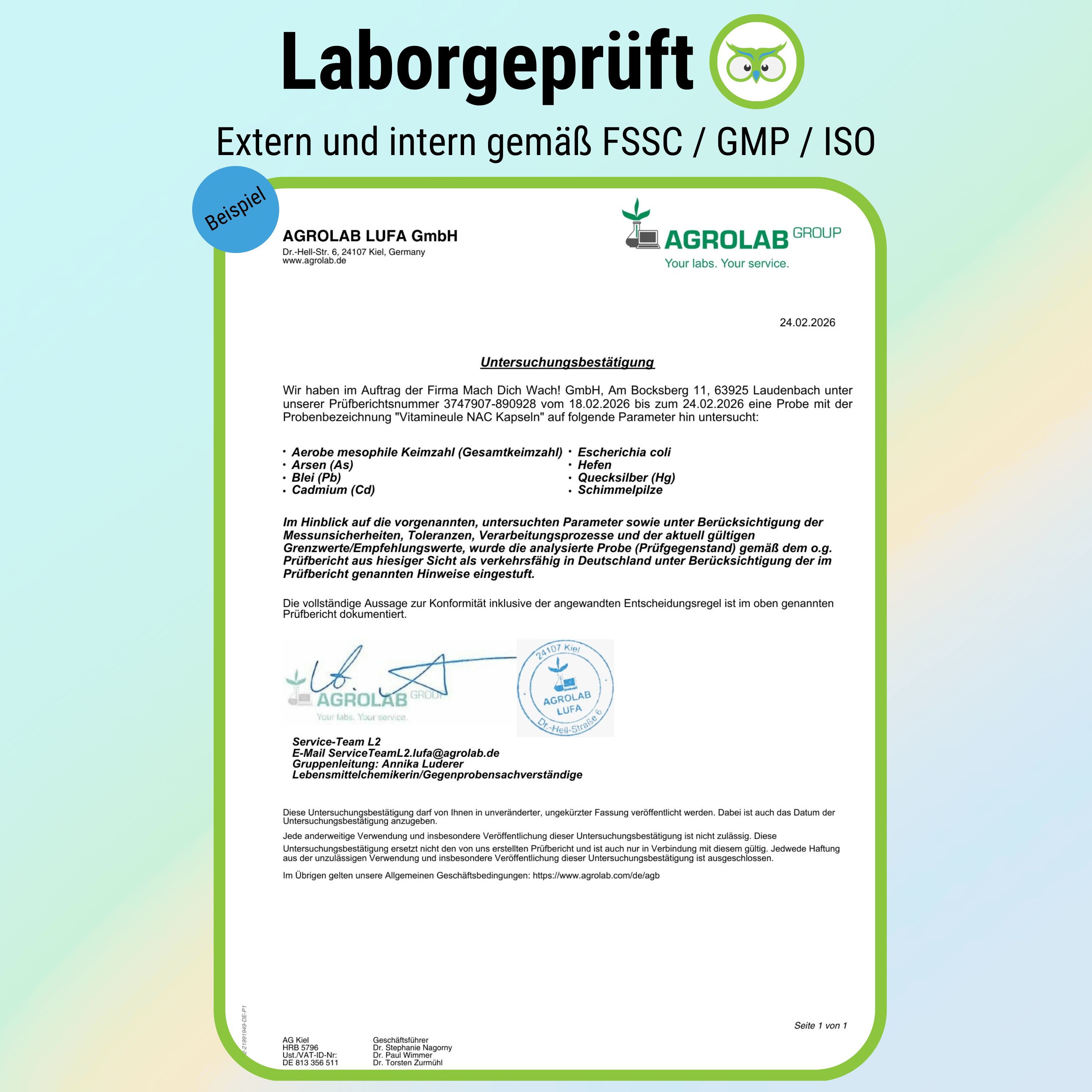 Laborbericht von Agrolab LUFA GmbH. Untersucht auf Parameter wie Blei, Arsen, Cadmium, etc. Bestätigt die Konformität der Produkte.