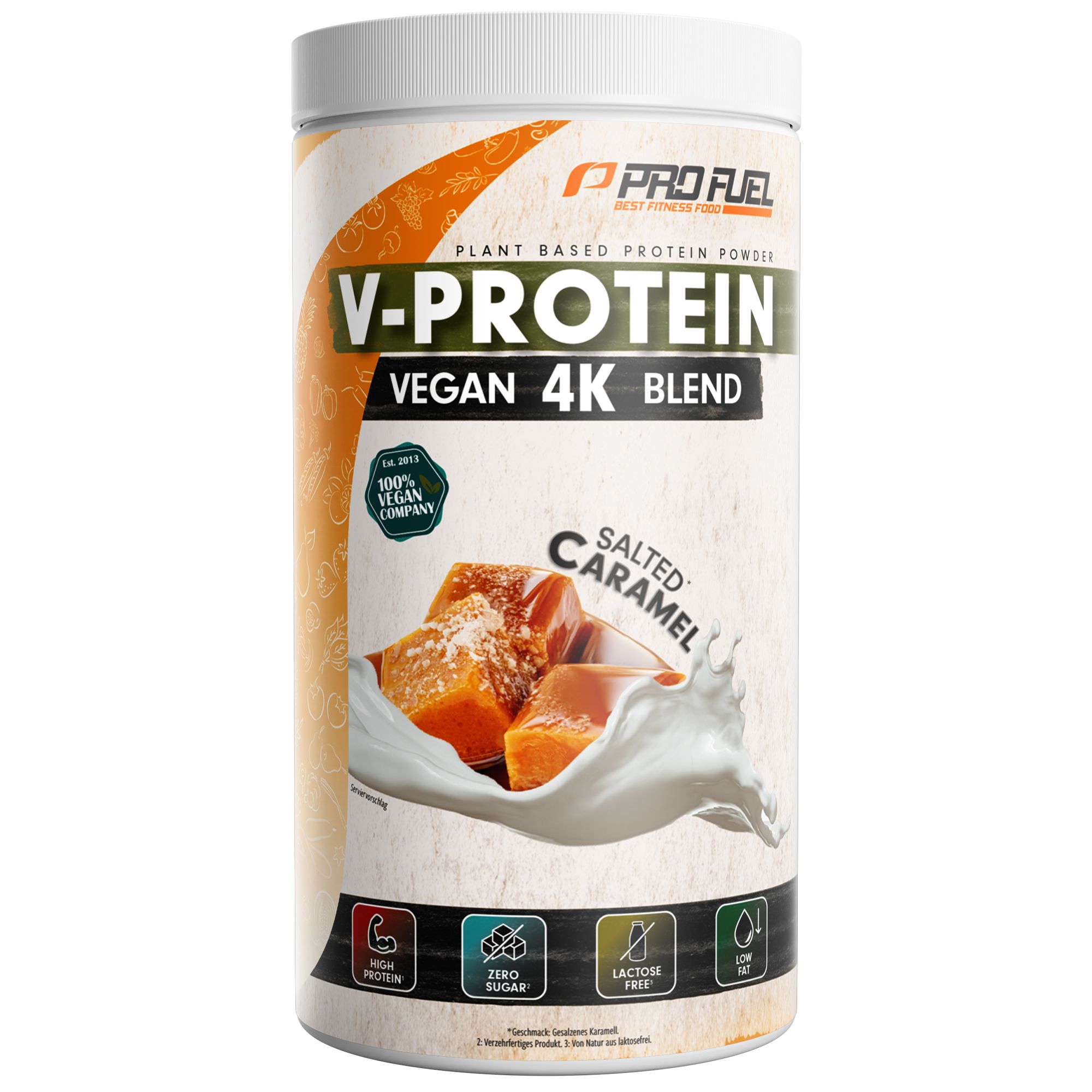 Zylinderförmige Dose mit "V-Protein Vegan 4K Blend". Geschmack "Salted Caramel". Logo "ProFuel".