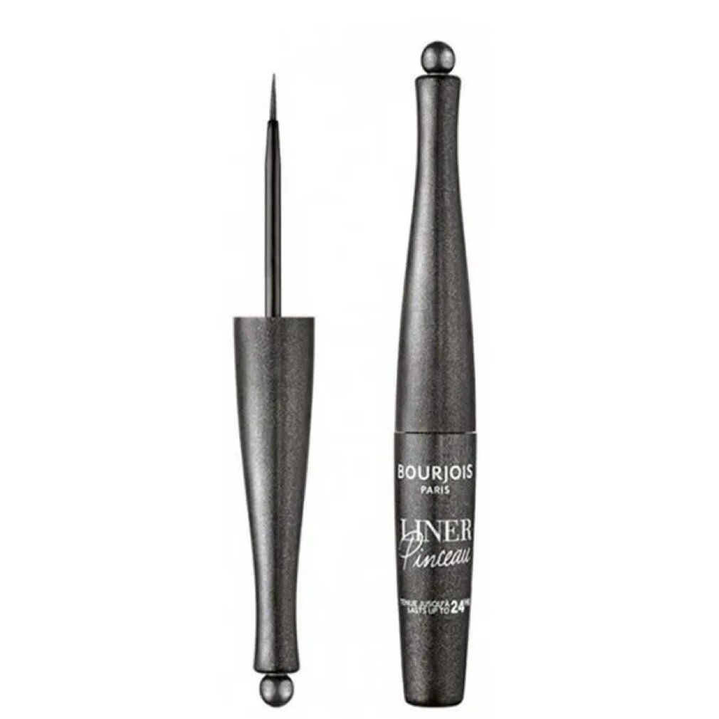 Schwarzer Eyeliner mit Pinselapplikator. Flasche mit Kugelverschluss. Aufschrift: Bourjois Liner Pinceau.