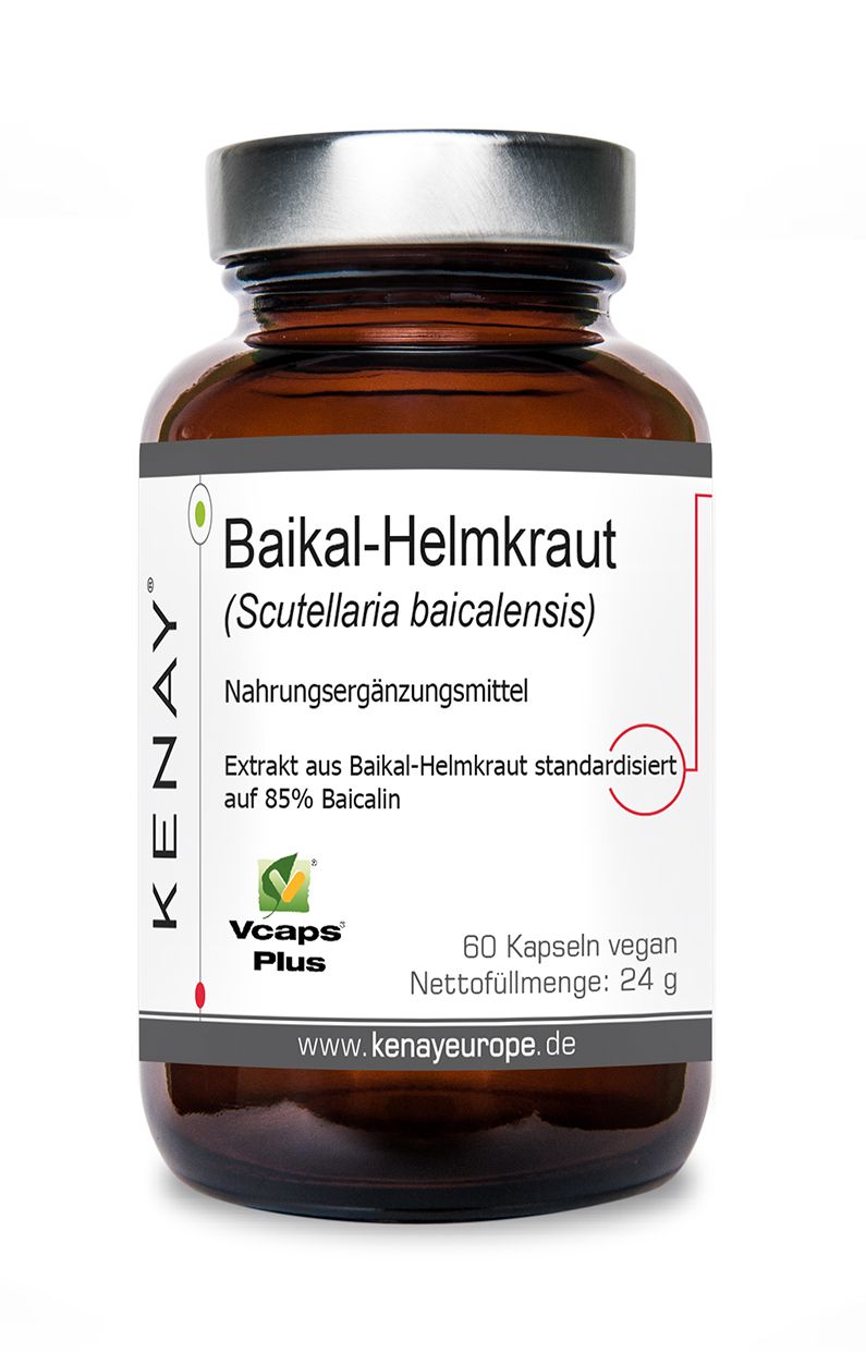 Braune Glasflasche mit Schraubverschluss. Etikett mit Produktbezeichnung, Marke KENAY, und Inhaltsangaben. 60 vegane Kapseln.