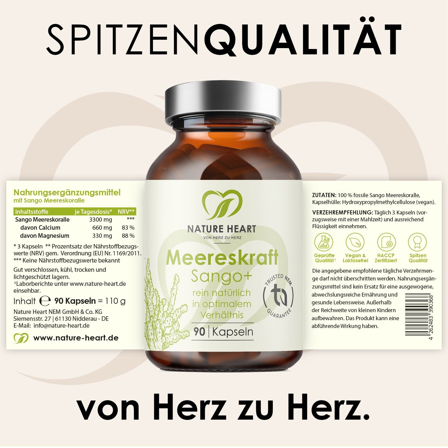 Nature Heart Meereskraft Sango+ Kapseln, 90 Stück. Nährwertangaben und Inhaltsstoffe auf dem Etikett.