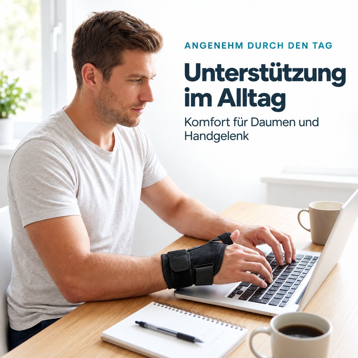 Mann am Schreibtisch mit AGILE NOW Daumenbandage, tippt auf Laptop. Bietet Komfort und Unterstützung für Daumen und Handgelenk.