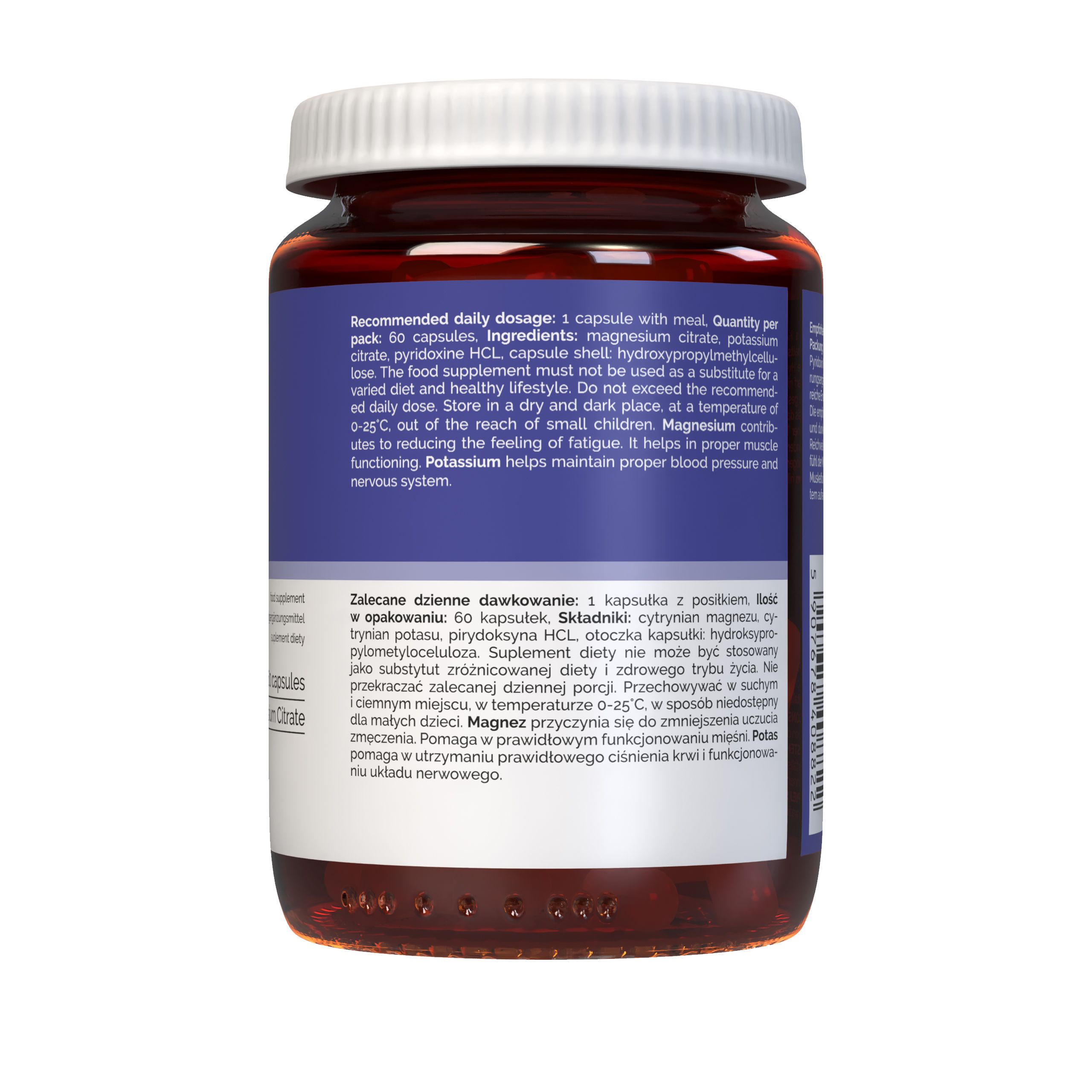 Rückseite der Vitaler's Magnesium + Kalium + B6 Kapseldose mit Produktinformationen.