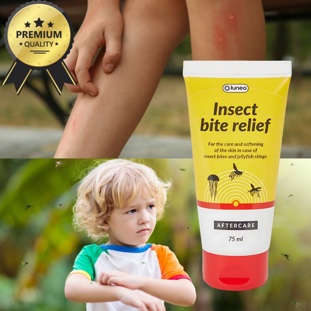 Gelbe Tube "Insect bite relief" neben Kind mit Insektenstichen am Bein. Premium-Qualität-Siegel.