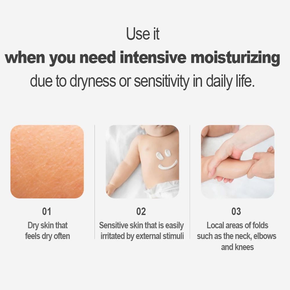 Text mit Anwendungsbereichen: trockene Haut, empfindliche Haut, lokale Hautfalten. Bilder zeigen Haut und Baby.