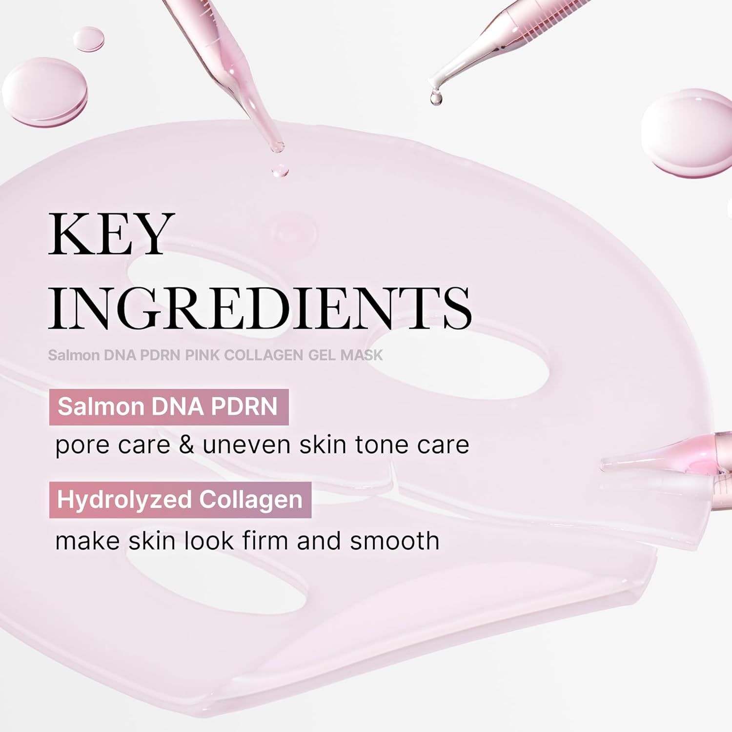Rosa Gel-Gesichtsmaske mit Aussparungen. Text: KEY INGREDIENTS, Salmon DNA PDRN, pore care & uneven skin tone care, Hydrolyzed Collagen.