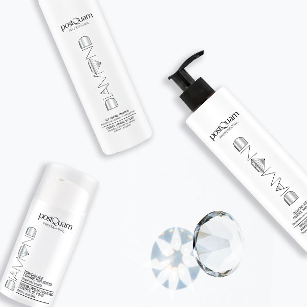 Drei Shampoo-Flaschen und ein Diamant. Aufschrift: DIAMOND, PostQuam Professional. Verschiedene Verpackungen.