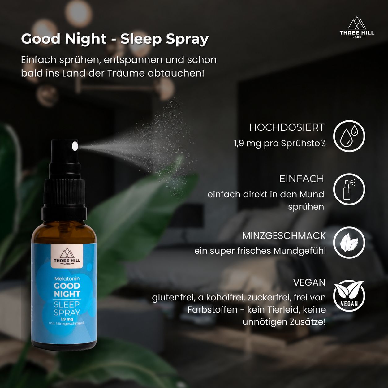 Three Hill Labs Melatonin Good Night Sleep Spray, 30ml, Minzgeschmack.