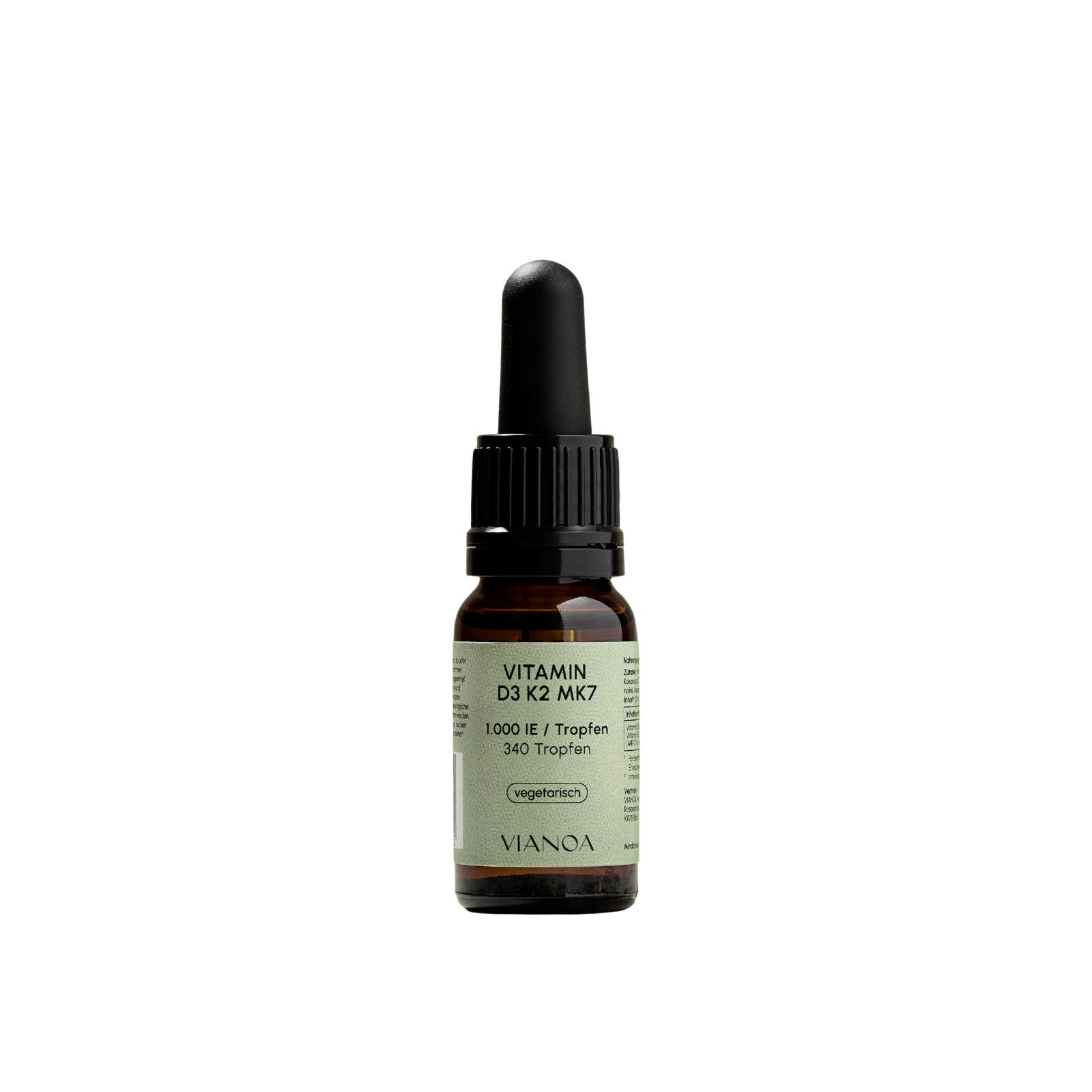 Braune Glasflasche mit schwarzem Tropfer. Aufschrift: Vitamin D3 K2 MK7, 1.000 IE / Tropfen, 340 Tropfen, vegetarisch, VIANOA.