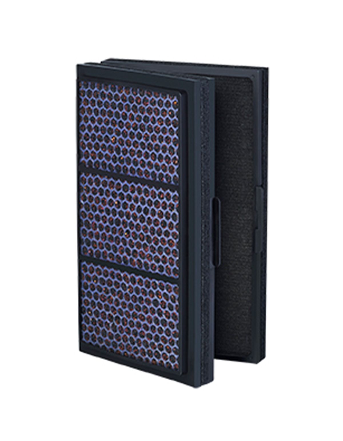 Luftfilter. Schwarzer Rahmen, wabenförmiges Filtermedium. Seitliche Ansicht, zwei Filterelemente.