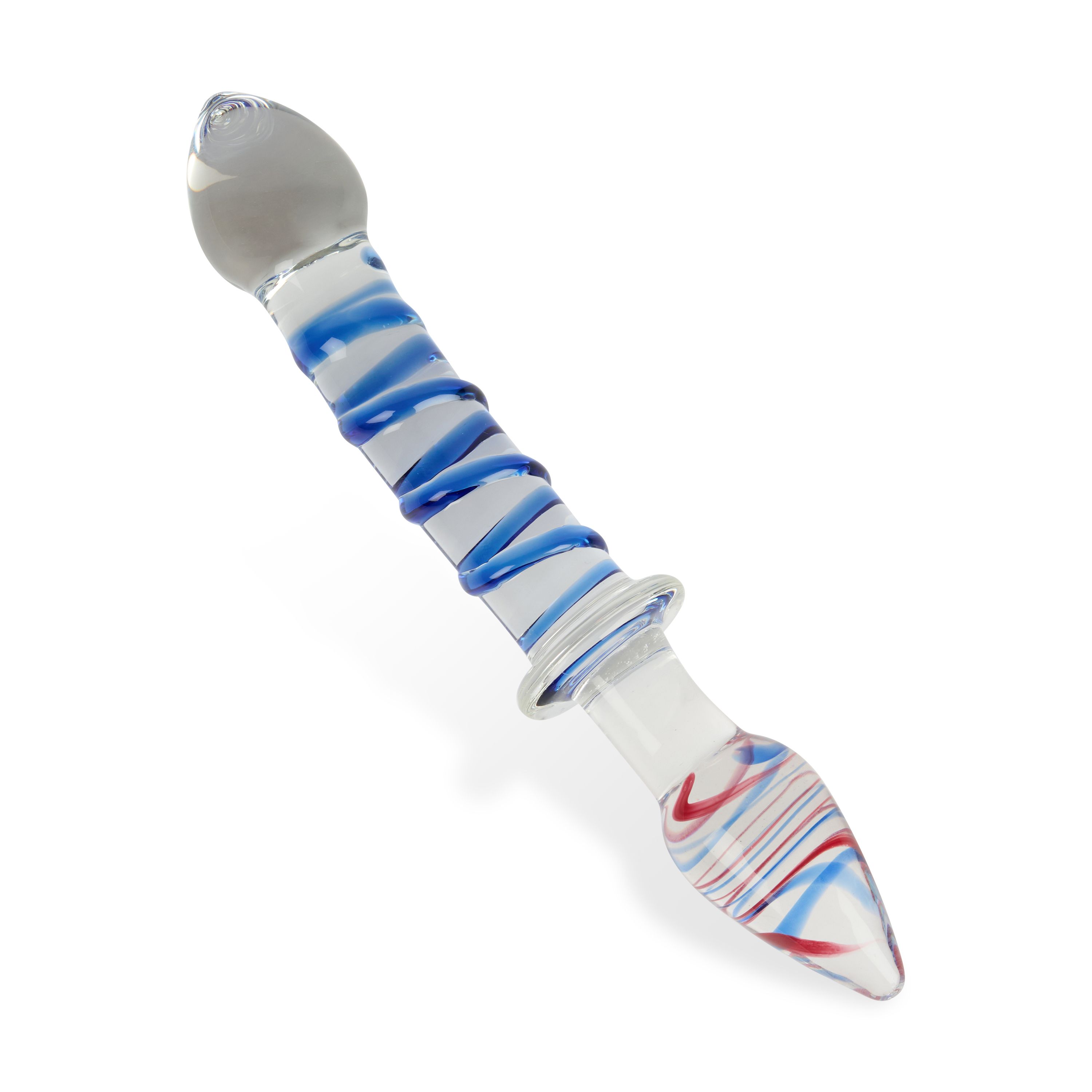 Glas-Anal-Stimulator mit blau-weißer Spirale und rotem Akzent. Klares Glas, abgerundete Enden. Detailansicht.