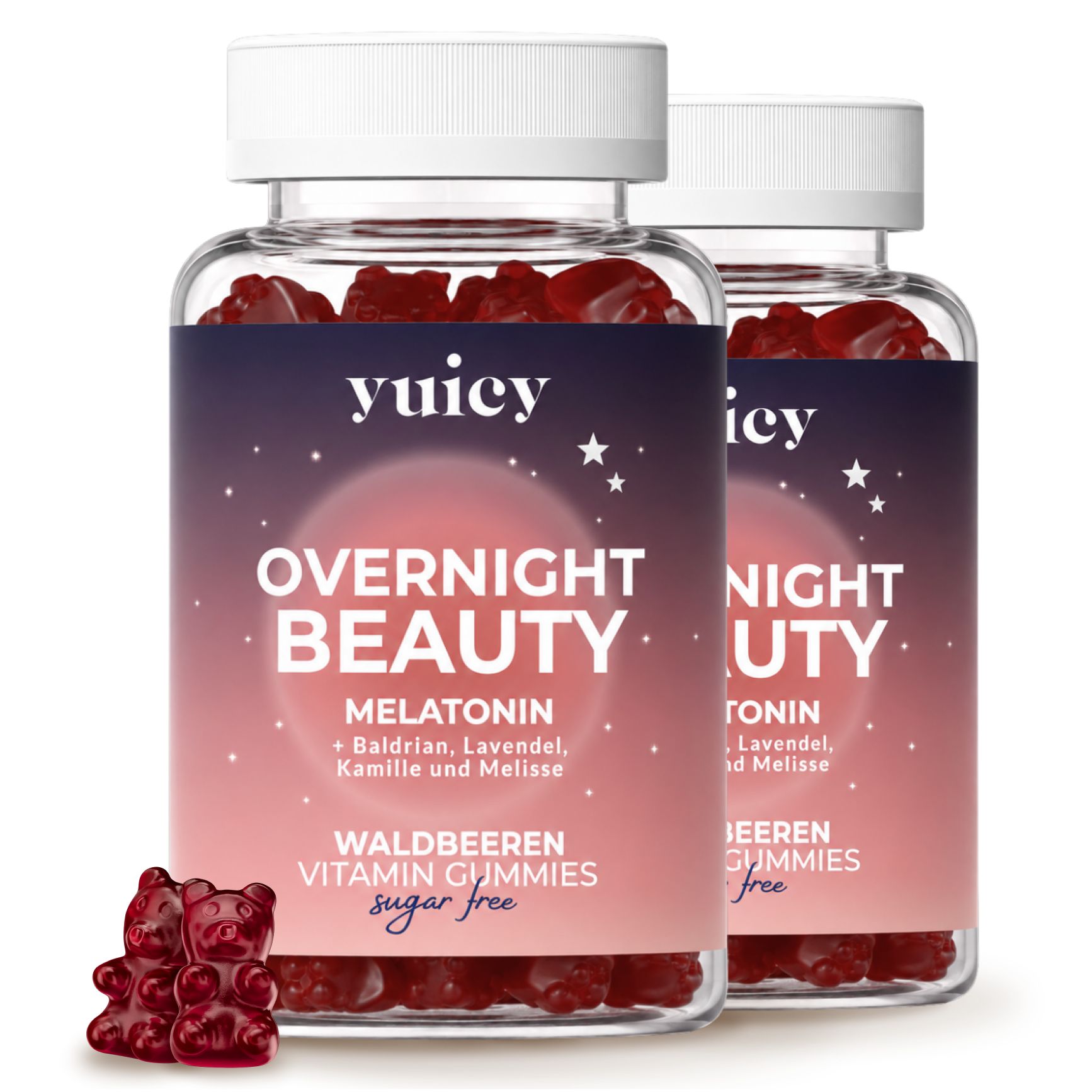 Zwei Gläser yuicy® Overnight Beauty Gummies mit roten Gummibärchen. Text: Melatonin, Lavendel, Kamille und Melisse, Waldbeeren, sugar free.