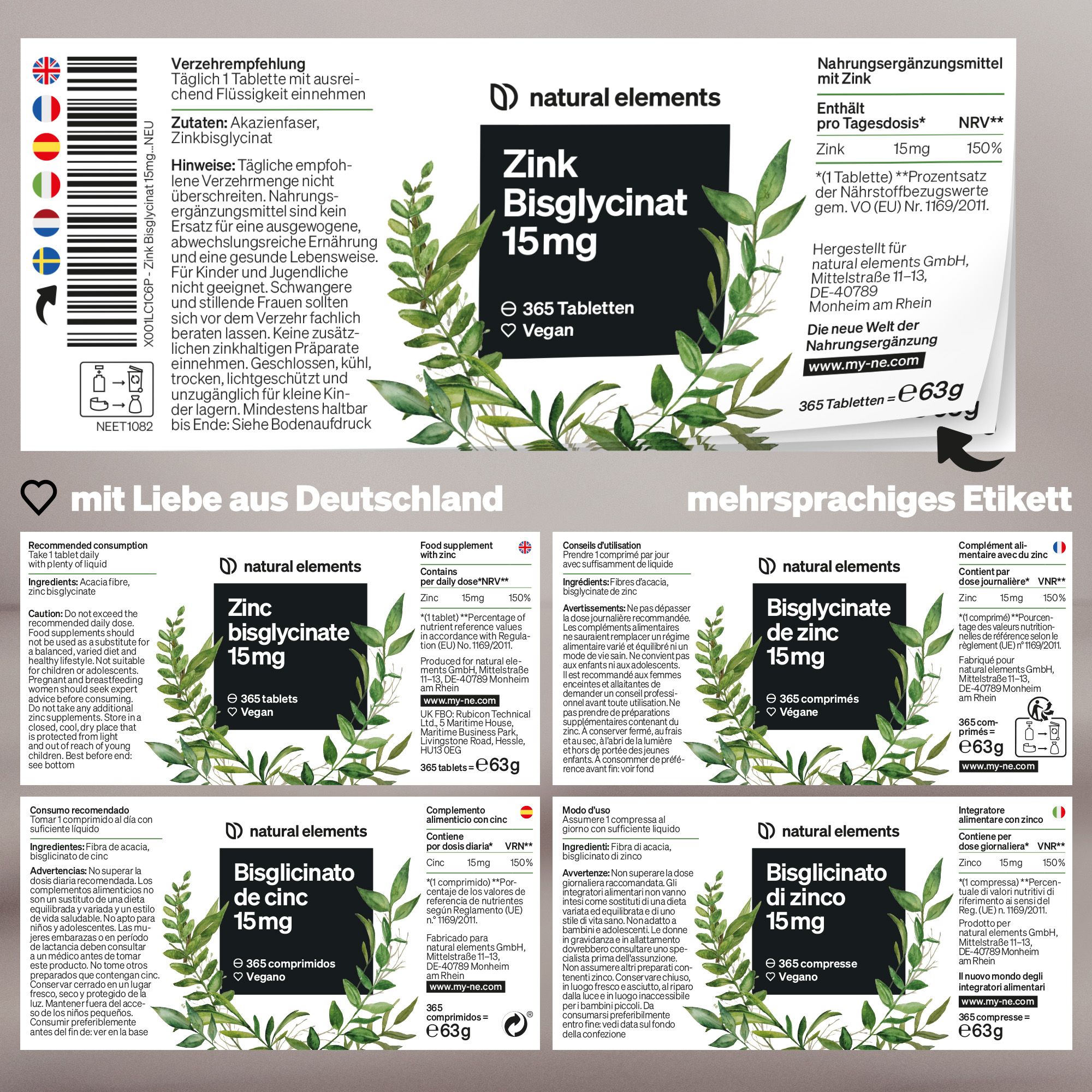 Mehrsprachiges Etikett mit Informationen zu "natural elements Zink Bisglycinat 15mg". 365 Tabletten, vegan.