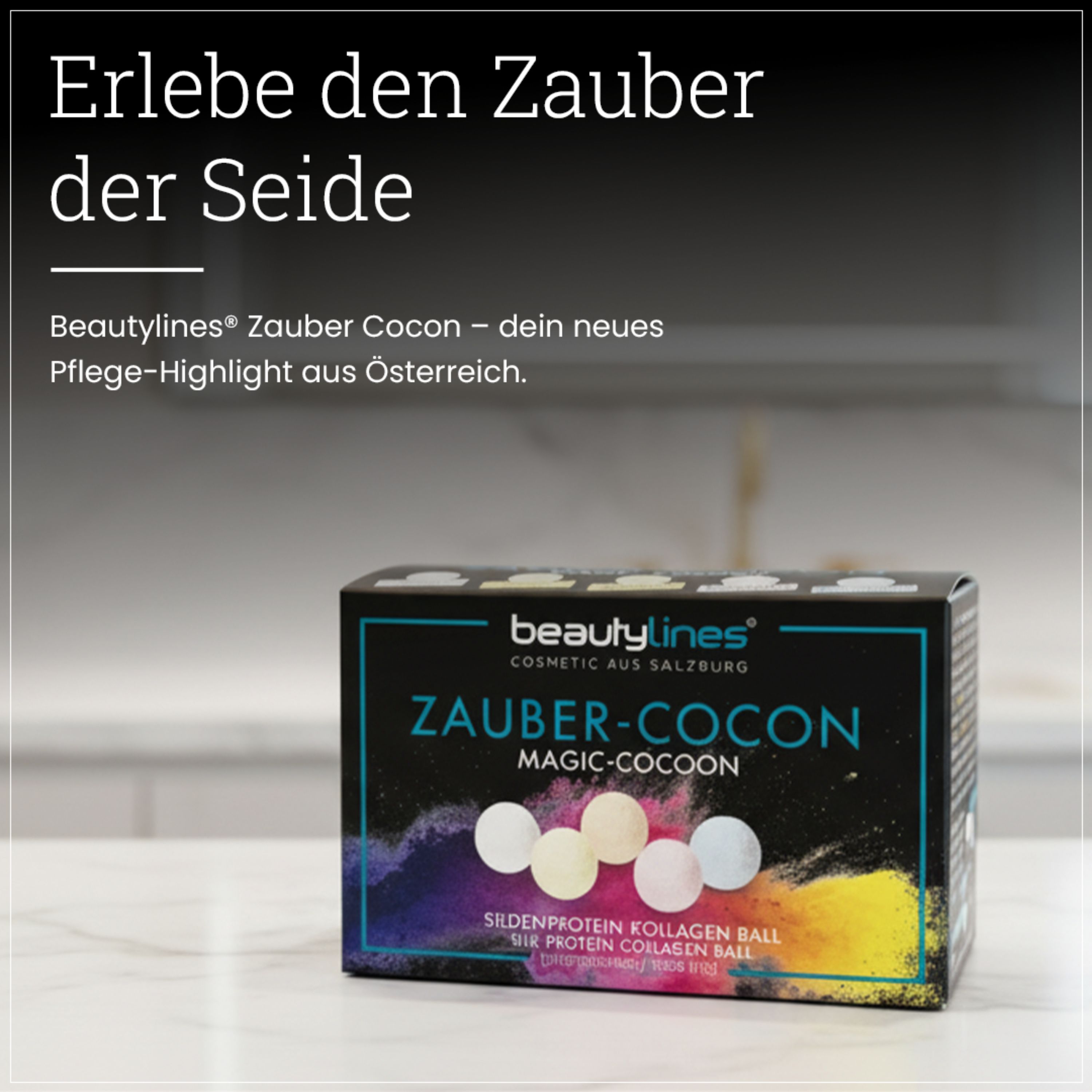 Produktverpackung mit 'beautylines Zauber-Cocon Magic-Cocoon'. Text: 'Erlebe den Zauber der Seide'.