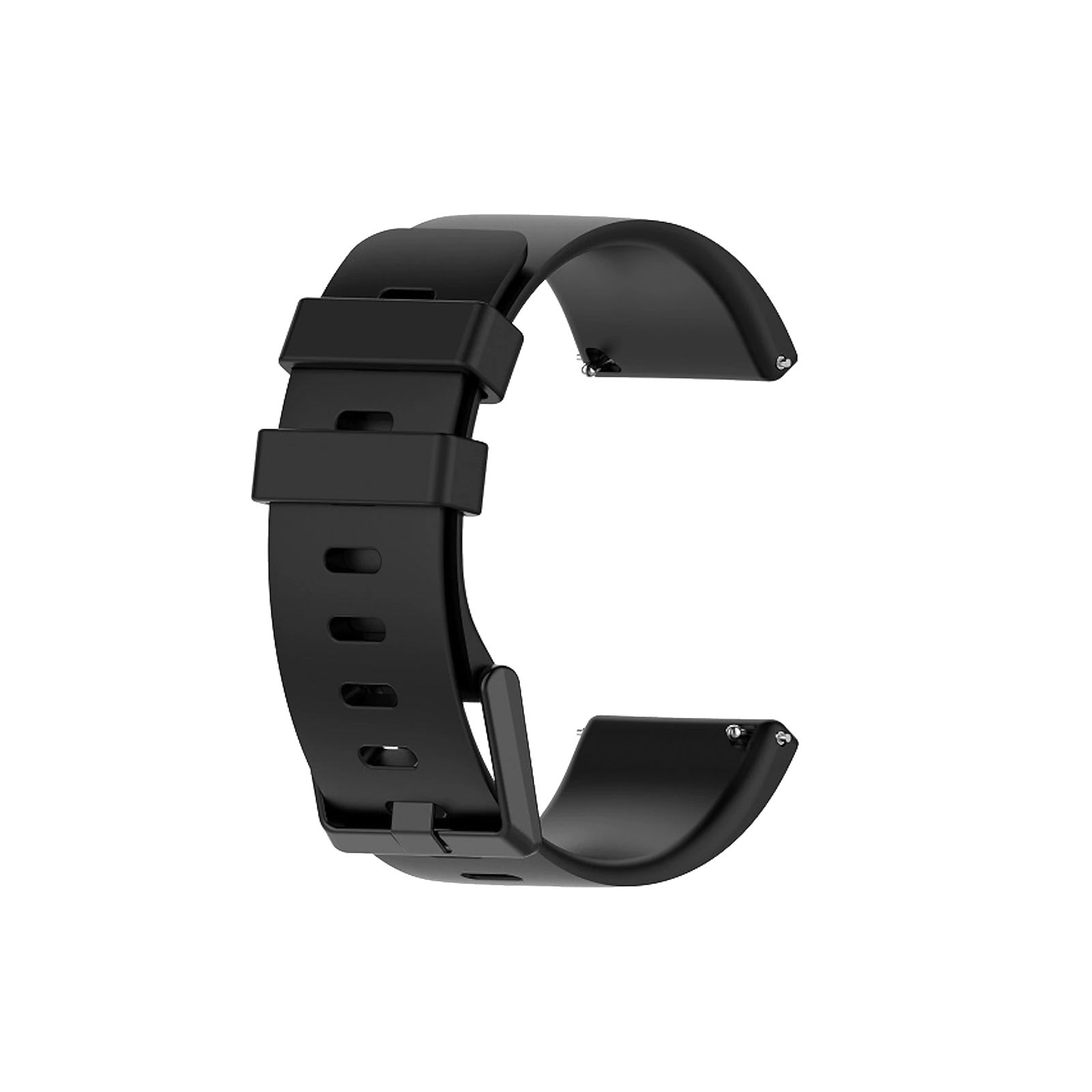 Schwarzes Ersatzarmband für eine Smartwatch. Das Band ist aus Gummi oder Silikon gefertigt und hat eine Schnalle.