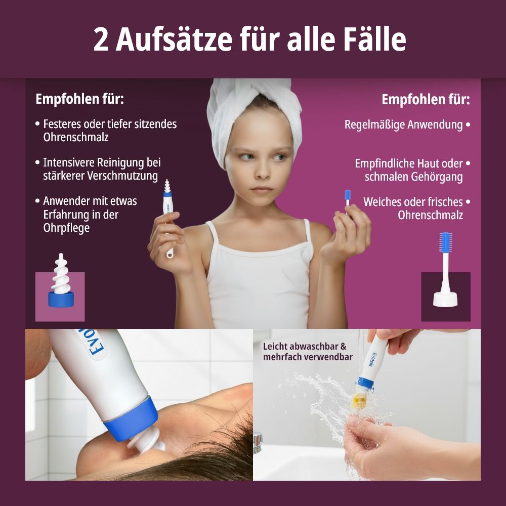 Zwei Aufsätze. Kind mit Handtuch hält Produkt. Anwendung an Ohr. Text: EVOLSIN®.