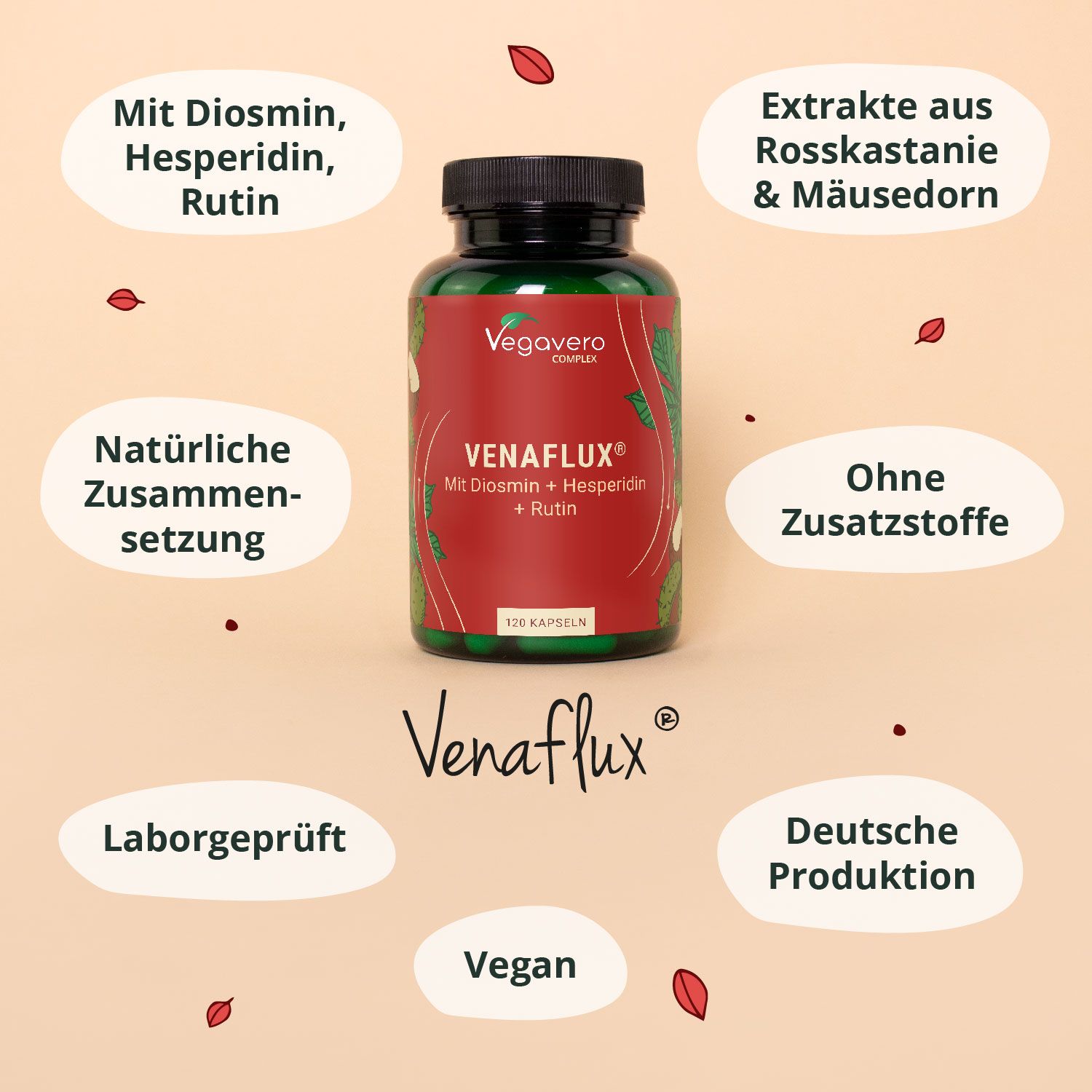 Grüne Flasche mit schwarzem Deckel. Rotes Etikett mit weißer Schrift: Venaflux Complex. Zusätzliche Informationen.
