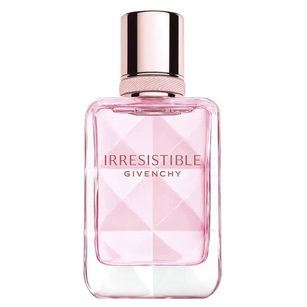 Rosa Parfumflasche. Aufschrift: Irresistible, Givenchy. Rechteckige Flasche mit rosa Inhalt und rosafarbenem Verschluss.