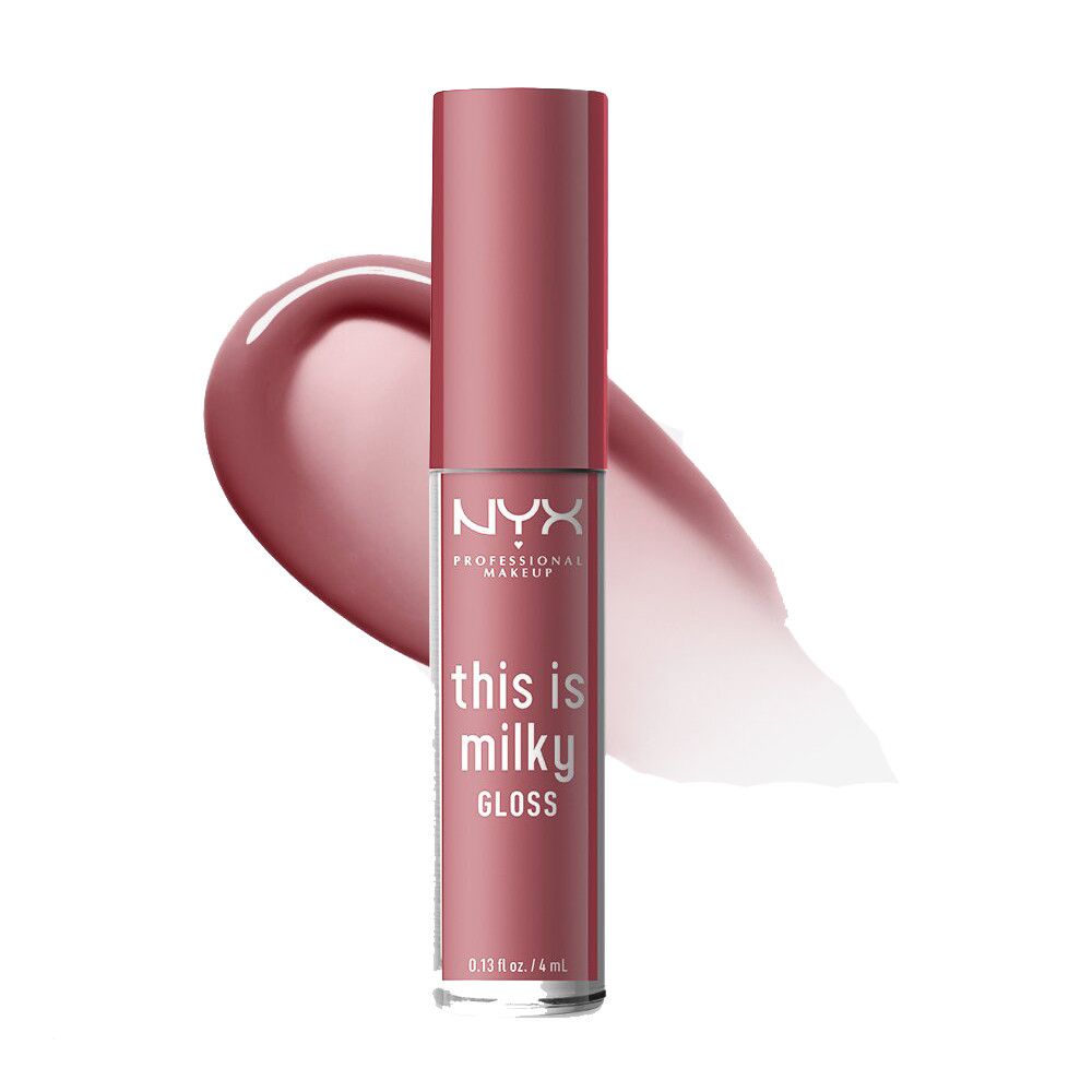 NYX Professional Makeup This is Milky Gloss in einem rosafarbenen Fläschchen mit Applikator und einem Farbmuster.