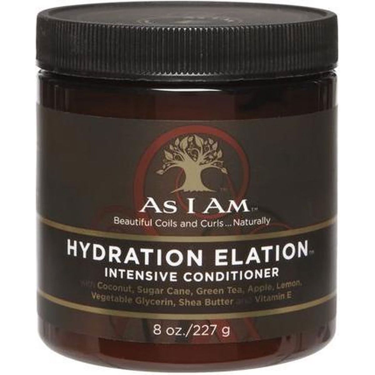 As I Am Hydration Elation Intensiv Conditioner in brauner Dose mit schwarzem Deckel. 8 oz./227 g.