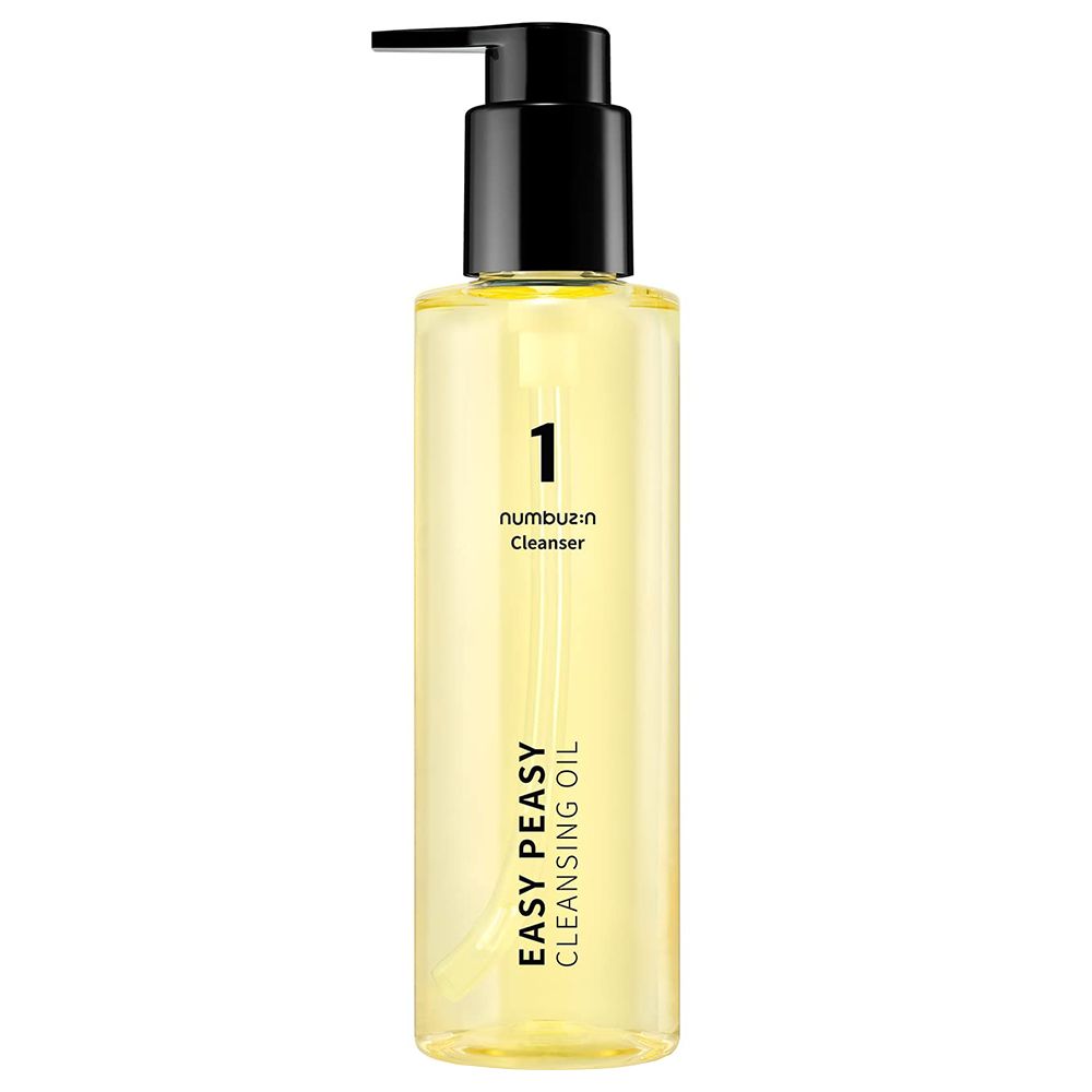 NUMBUZIN Nr.1 Easy Peasy Cleansing Oil: klares Reinigungsöl in transparenter Flasche mit schwarzem Pumpspender.