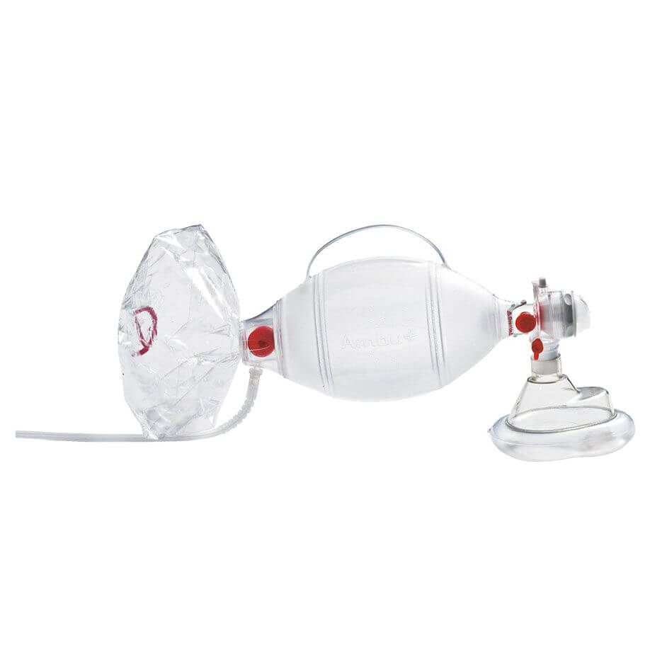 Beatmungsbeutel-Set, transparent. Maske, Beutel, Ventil. Rote Knöpfe.