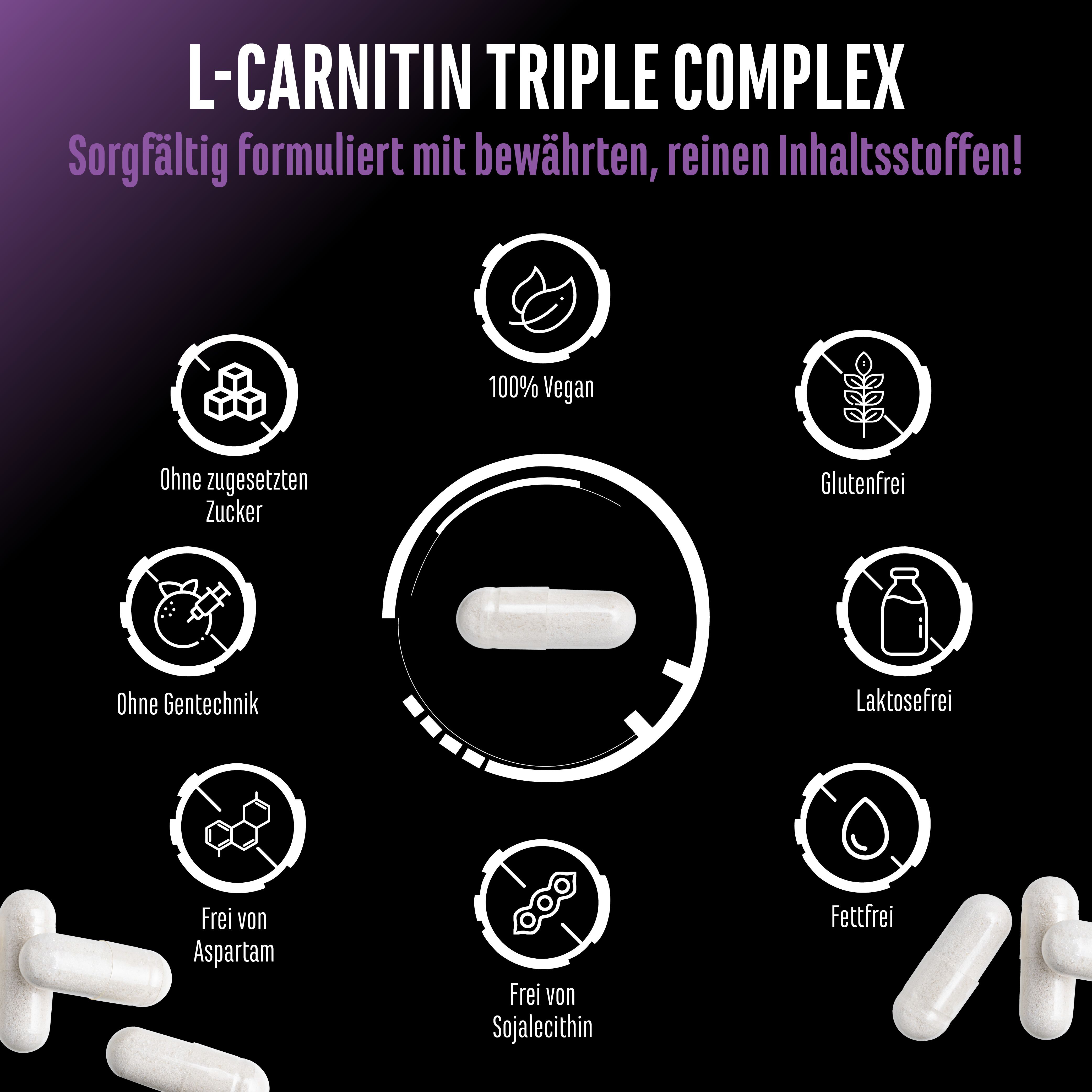 Grafik mit L-Carnitin Triple Complex. 100% Vegan, ohne Zucker, ohne Gentechnik, frei von Aspartam, Sojalecithin, Gluten, Laktose, Fett.
